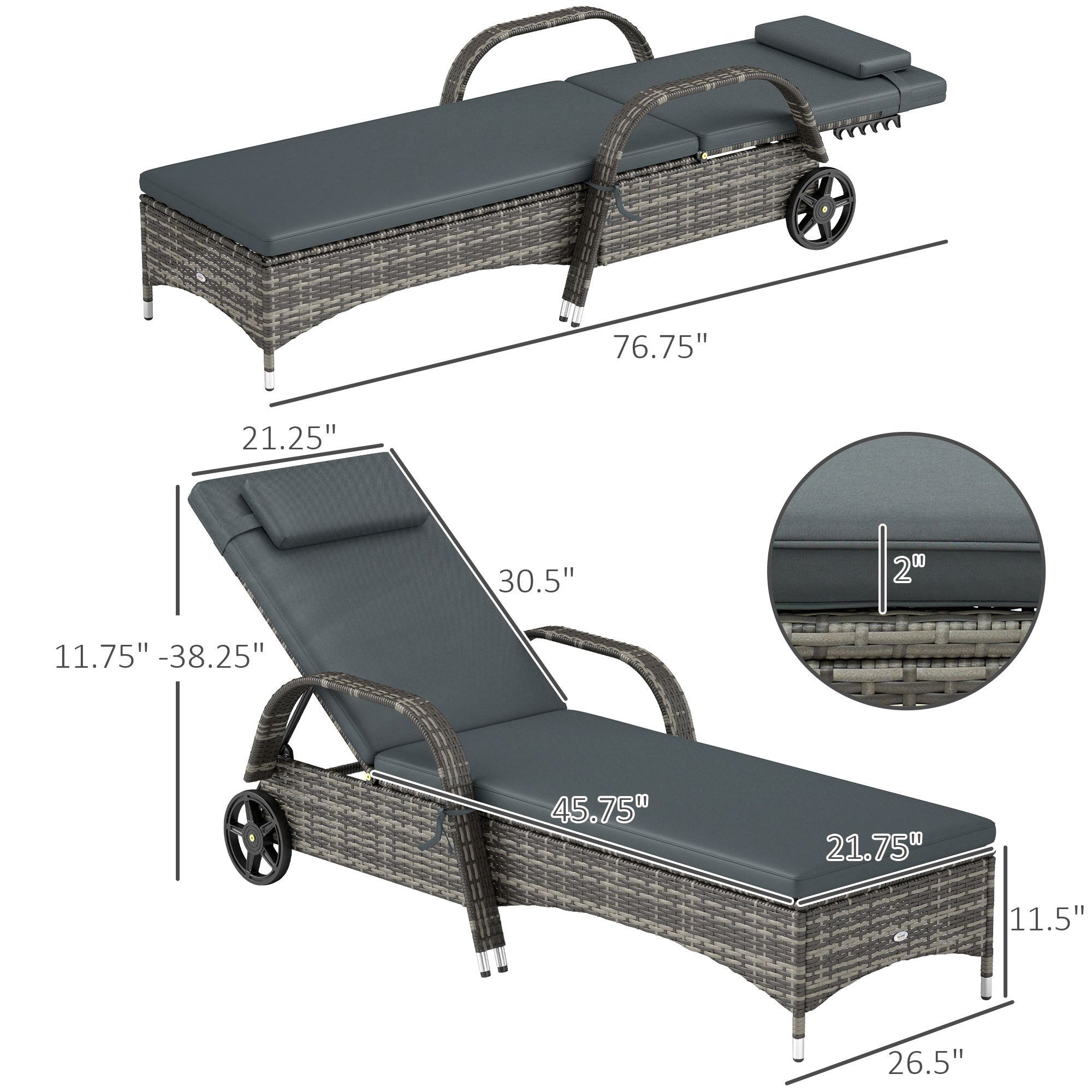 Outdoor Chaise Lounge, 5-Level Adjustable Backrest Rattan Pool Lounge Chair with Wheels, Cushion & Headrest