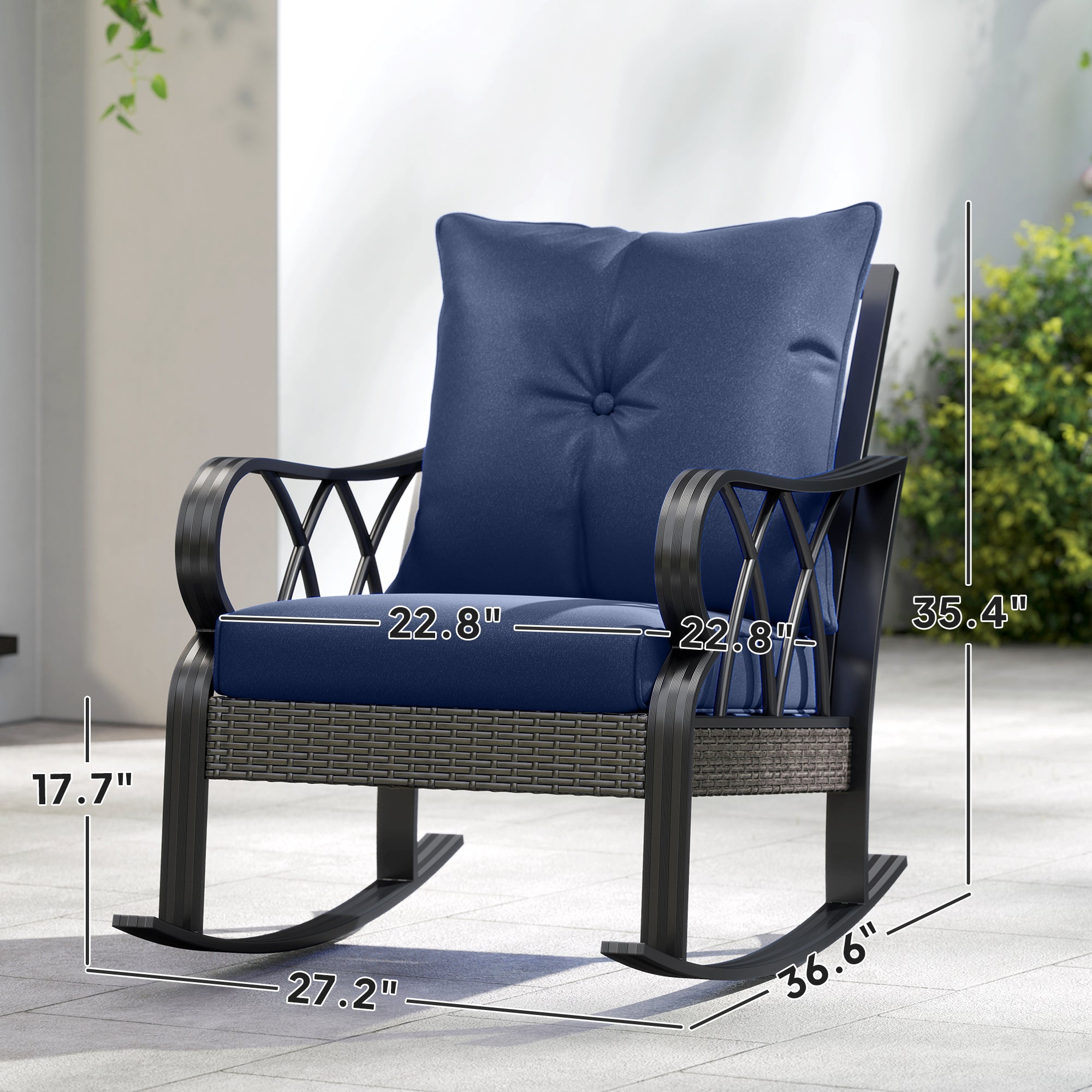 2 Piece Outdoor Wicker Rocking Chairs Rattan Porch Rockers with Cushions, Aluminum Frame for Garden, Patio, Blue