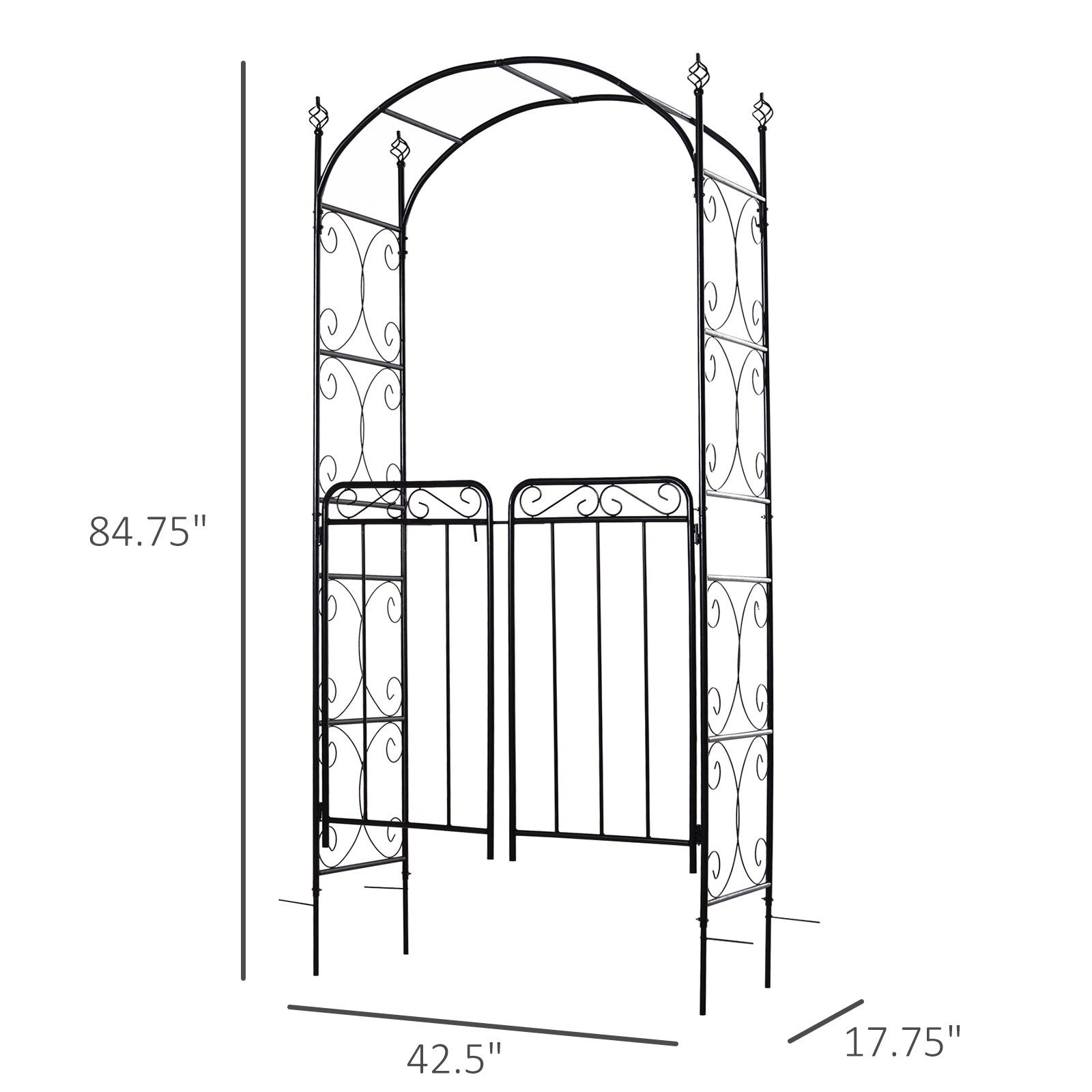 84" Garden Arch Arbor with Gate, Metal Arch Trellis, Garden Archway for Climbing Vines, Wedding Ceremony Decoration, Flourishes & Arrow Tips, Black