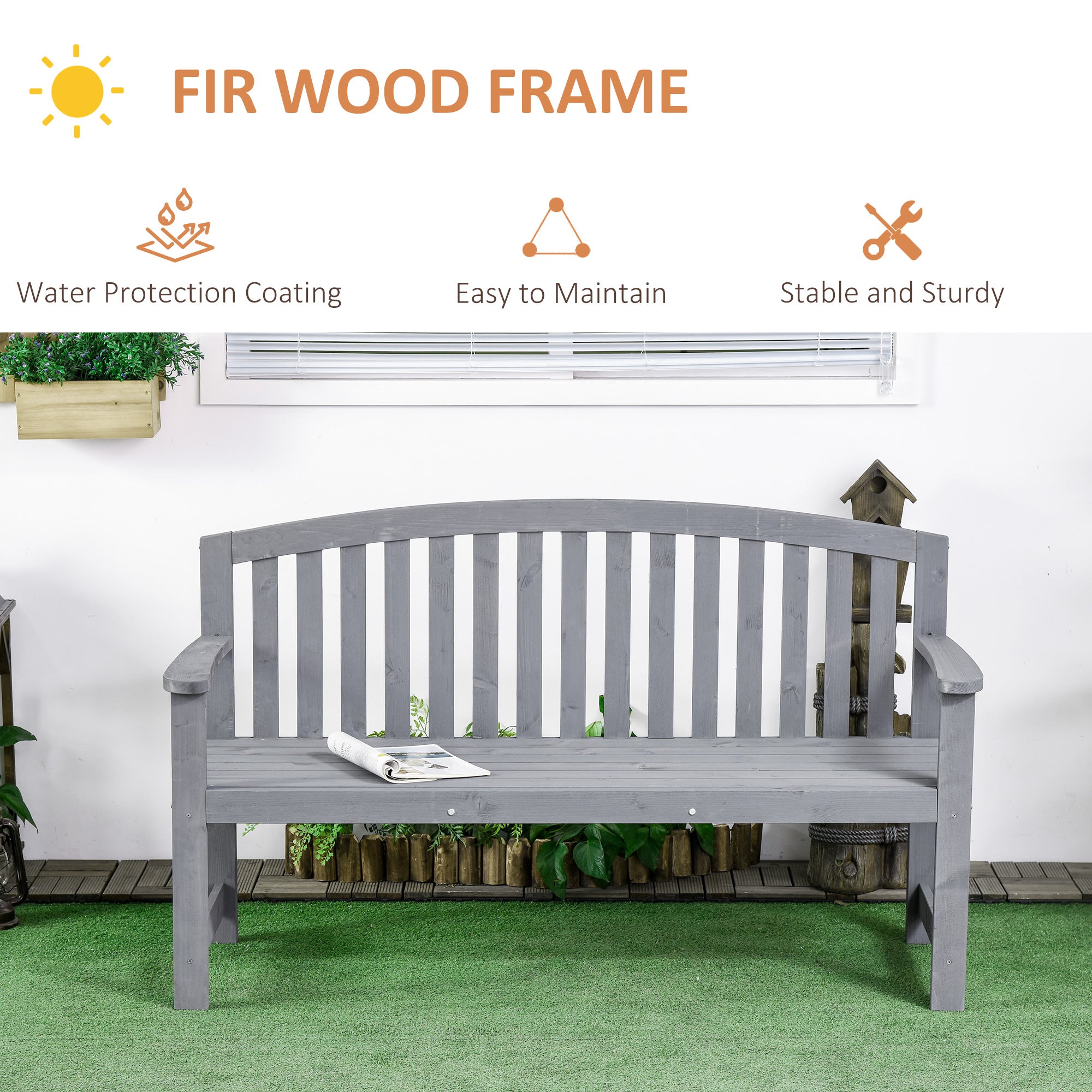 56" Outdoor Wood Bench, 2-Seater Garden Bench with Backrest and Armrest, Patio Bench for Patio, Porch, Poolside, Balcony