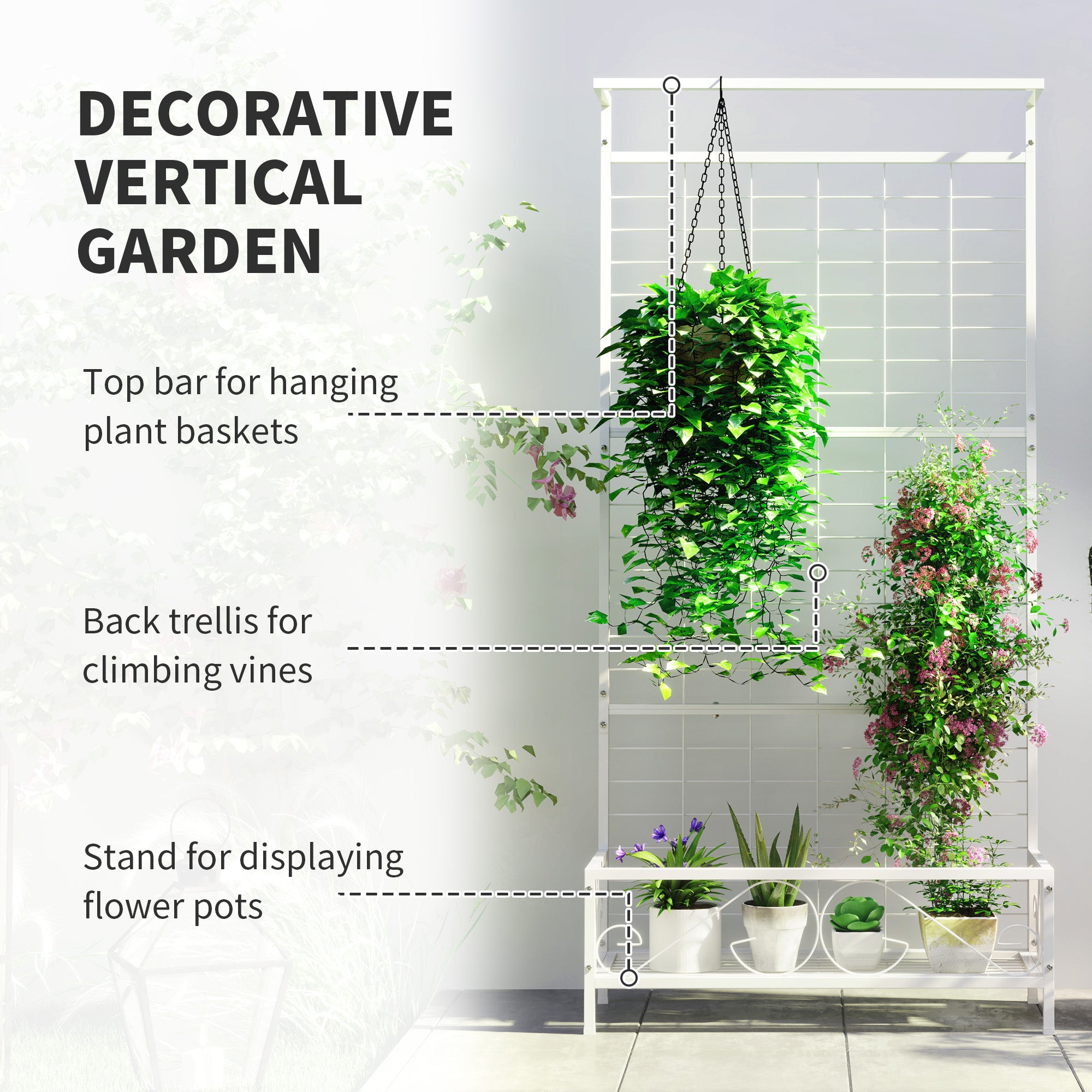 Metal Tall Plant Stand with Trellis and Hanging Bar, Plant Holder for Indoor Outdoor Use, 35" x 12.8" x 74"