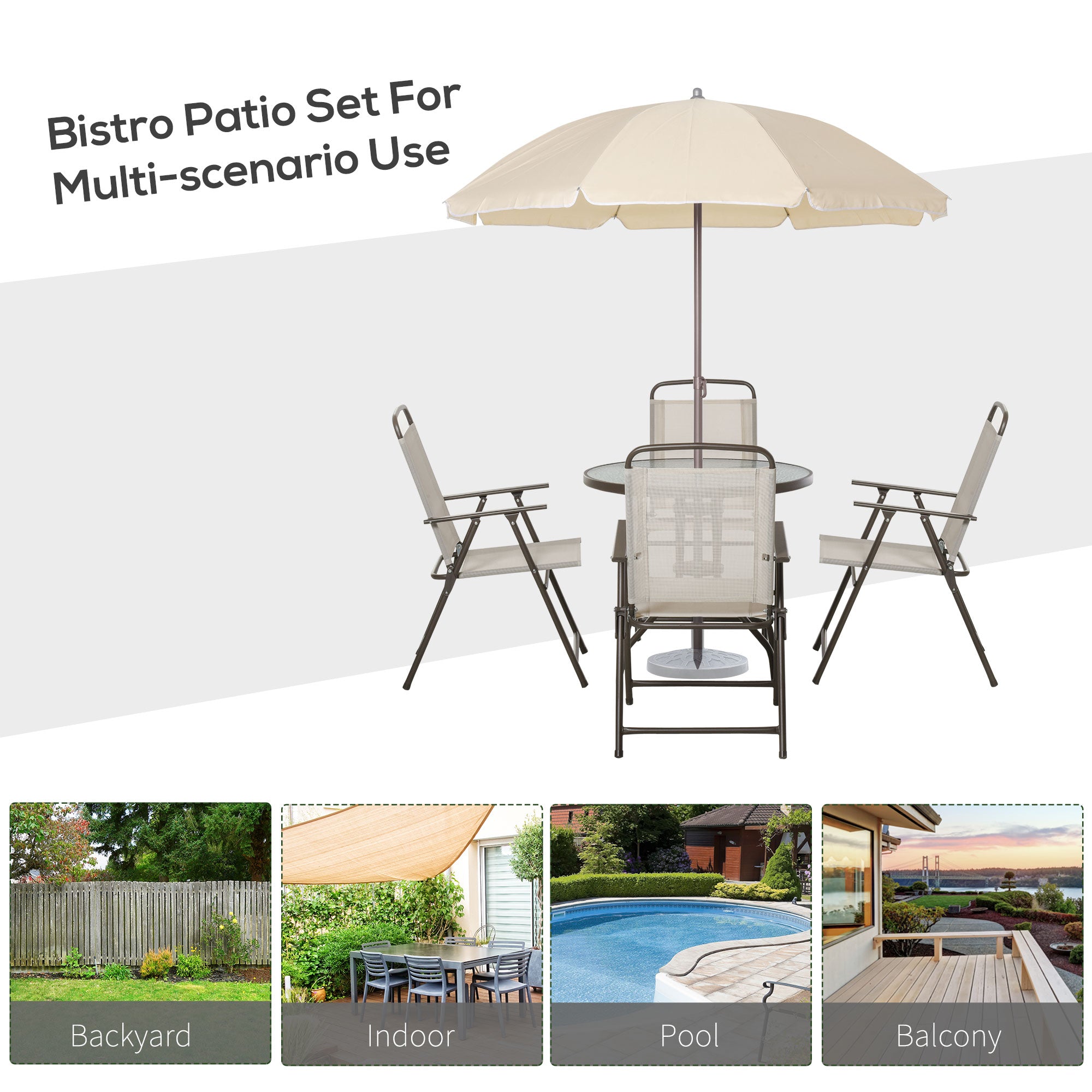 6 Piece Patio Dining Set for 4 with Umbrella, Outdoor Table and Chairs with 4 Folding Dining Chairs & Round Glass Table for Garden, Backyard and Poolside, Beige