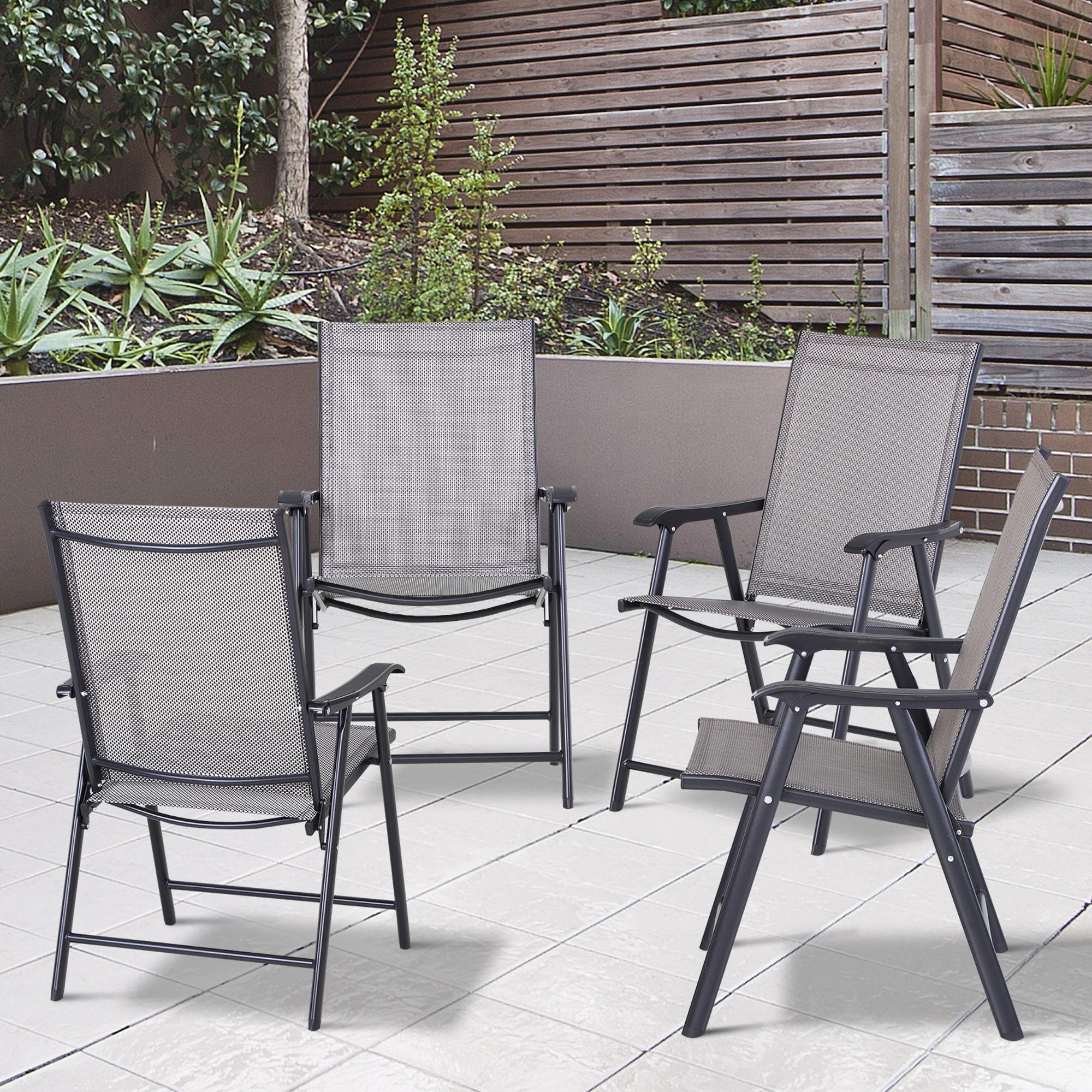 Set of 4 Outdoor Folding Chairs, Stackable Patio Dining Chairs with Armrests, Metal Frame