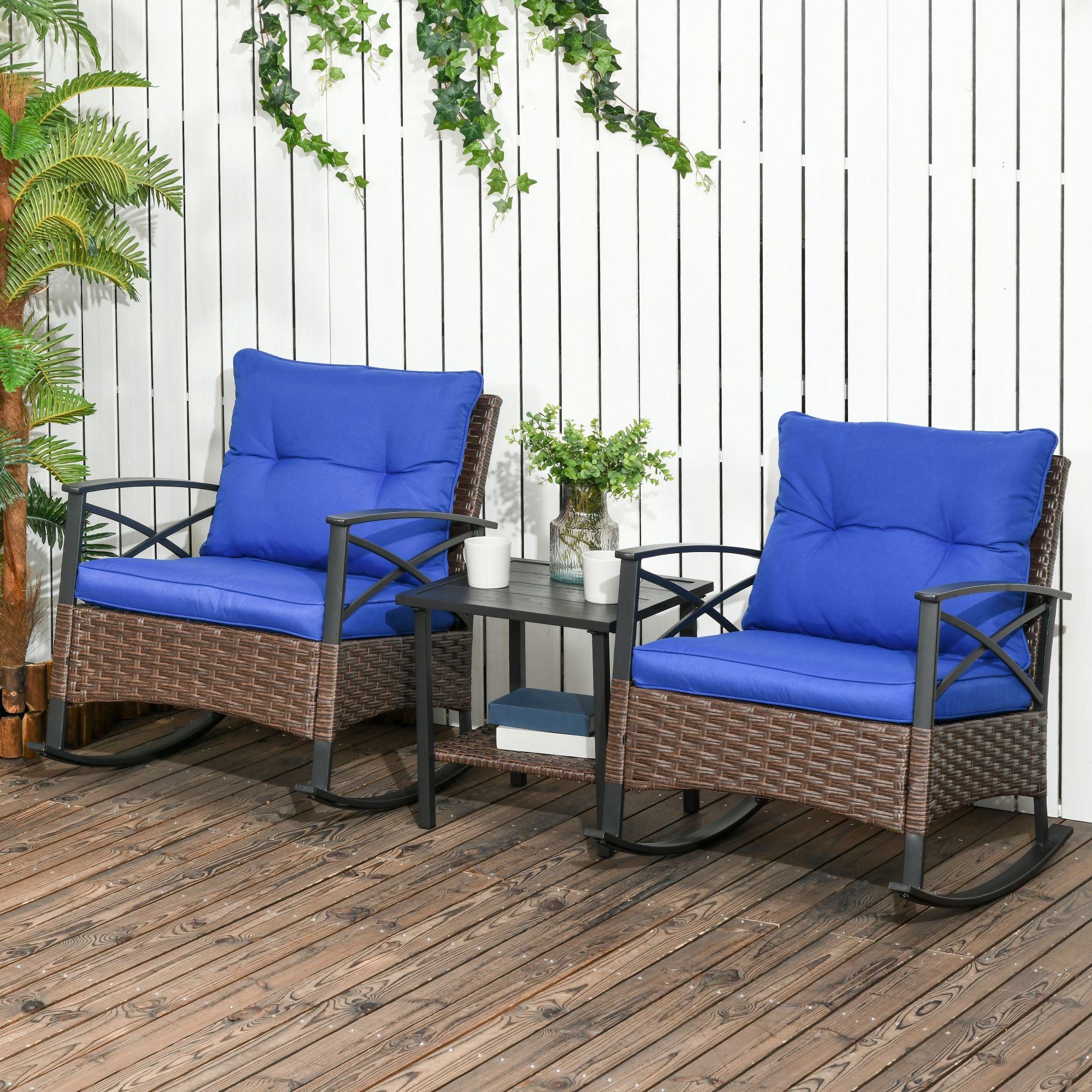 3 Piece Patio Rocking Chair Set, Outdoor Wicker Bistro Set with 2 Oversize Cushioned Porch Rockers and 2 Tier Coffee Table for Garden, Backyard