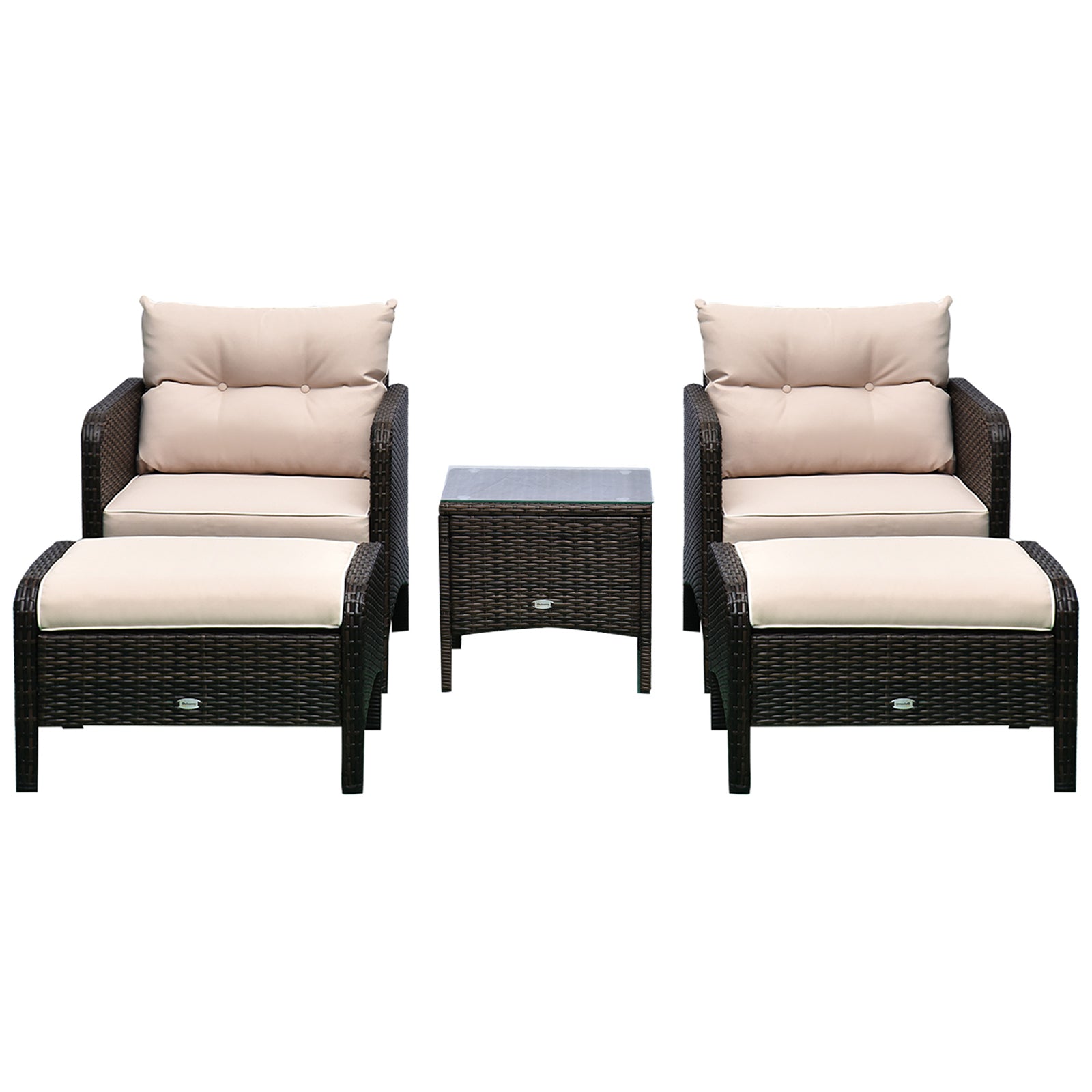5 Pieces Rattan Wicker Lounge Chair Outdoor Patio Conversation Set with 2 Cushioned Chairs, 2 Ottomans and Tempered Glass Top Coffee Table