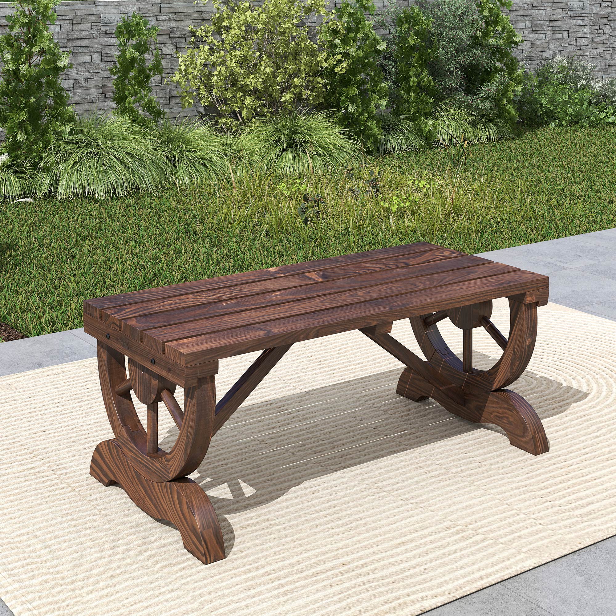 2-Person Wooden Garden Bench, Outdoor Wagon Wheel Porch Bench for Backyard Garden, Support 550 LBS, Rustic Country Style Patio Furniture