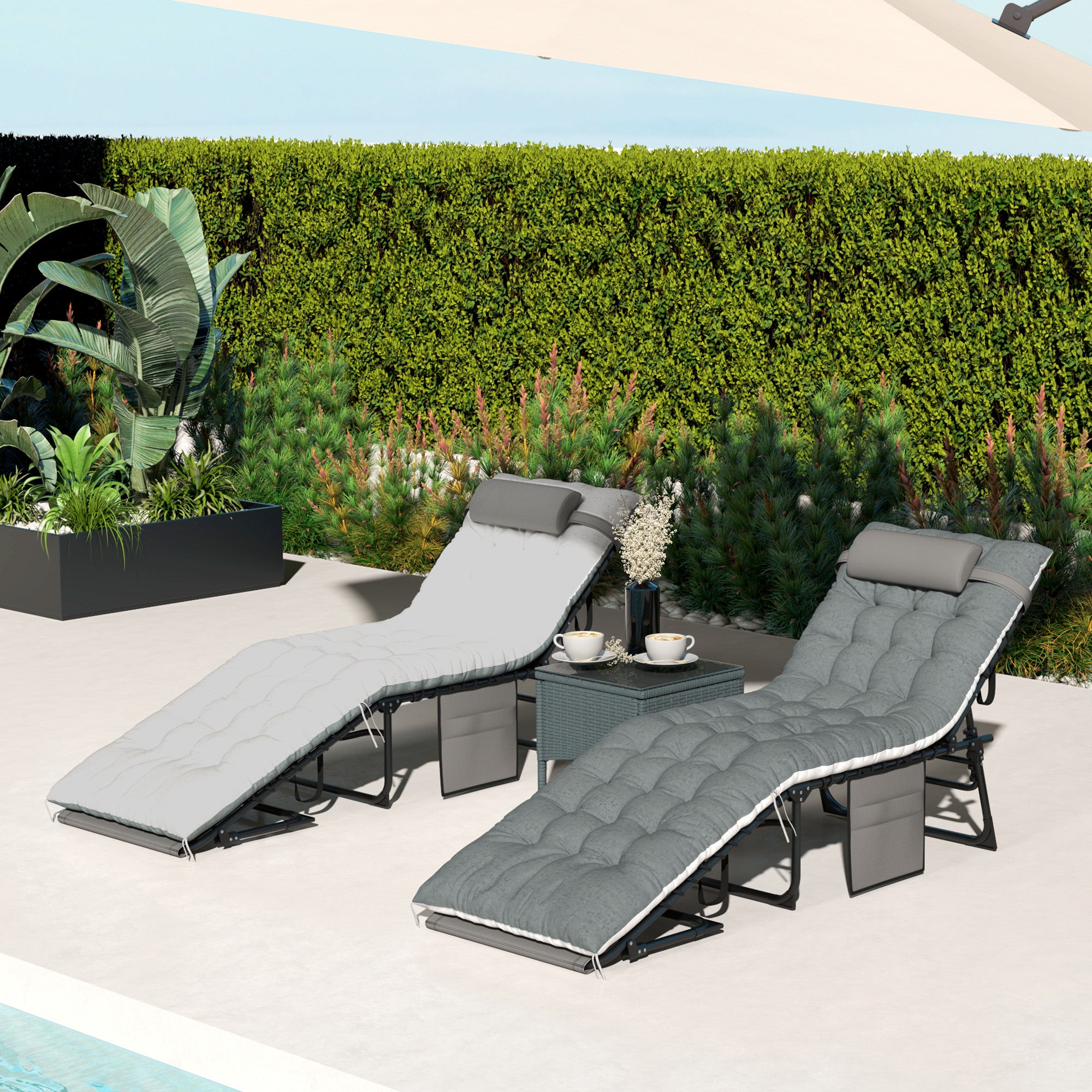 Outdoor Chaise Lounge Chair Set of 2, 5-Level Adjustable Folding Pool Lounge Chairs with Cushions