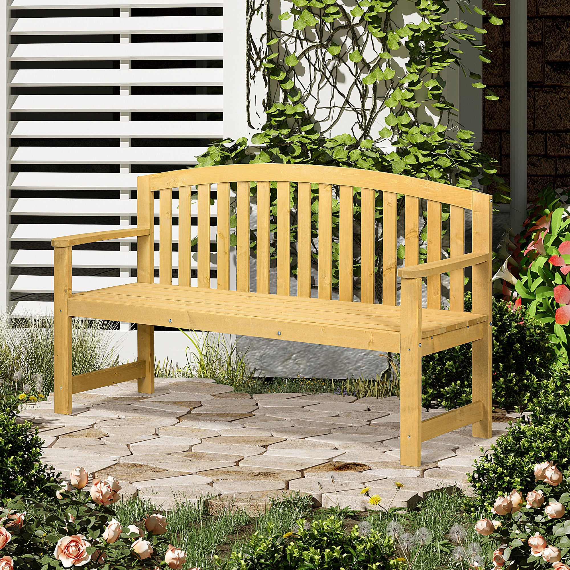 56" Outdoor Wood Bench, 2-Seater Garden Bench with Backrest and Armrest, Patio Bench for Patio, Porch, Poolside, Balcony