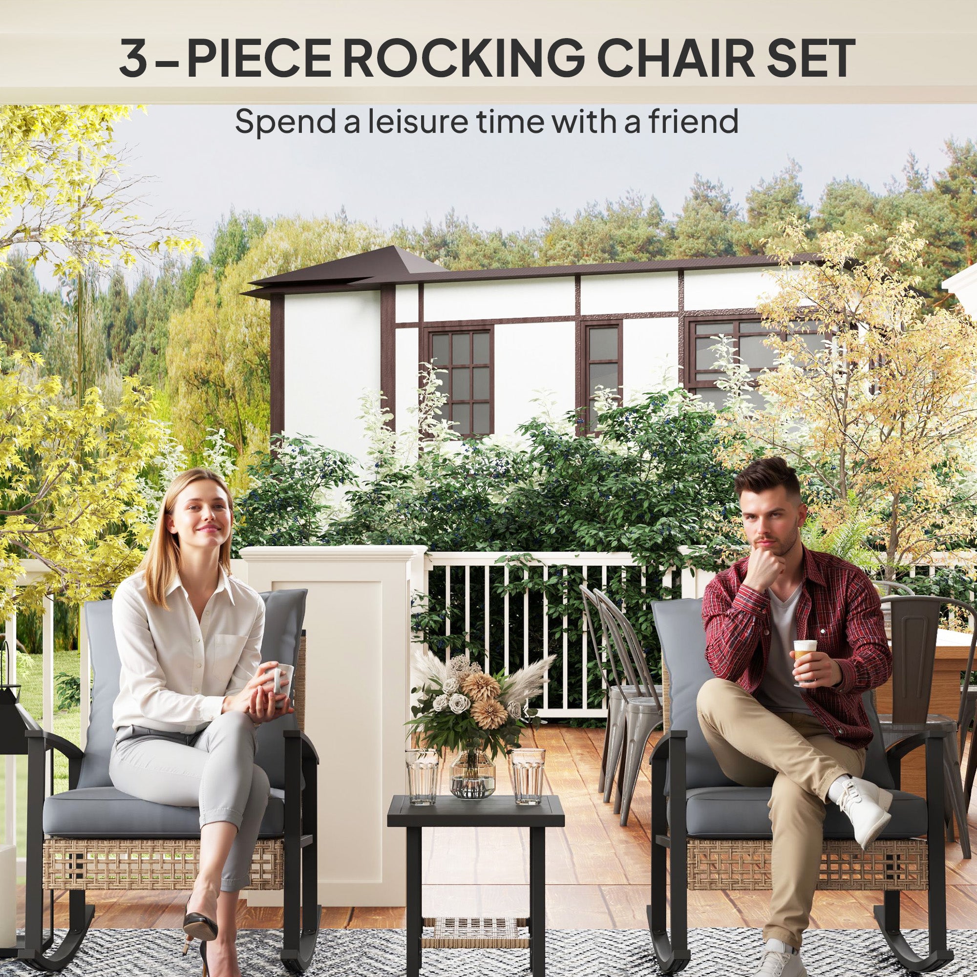 3 Pieces Bistro Set, Patio Wicker Furniture Set with Button Tufted Cushions, Rattan Rocking Chairs, Coffee Table
