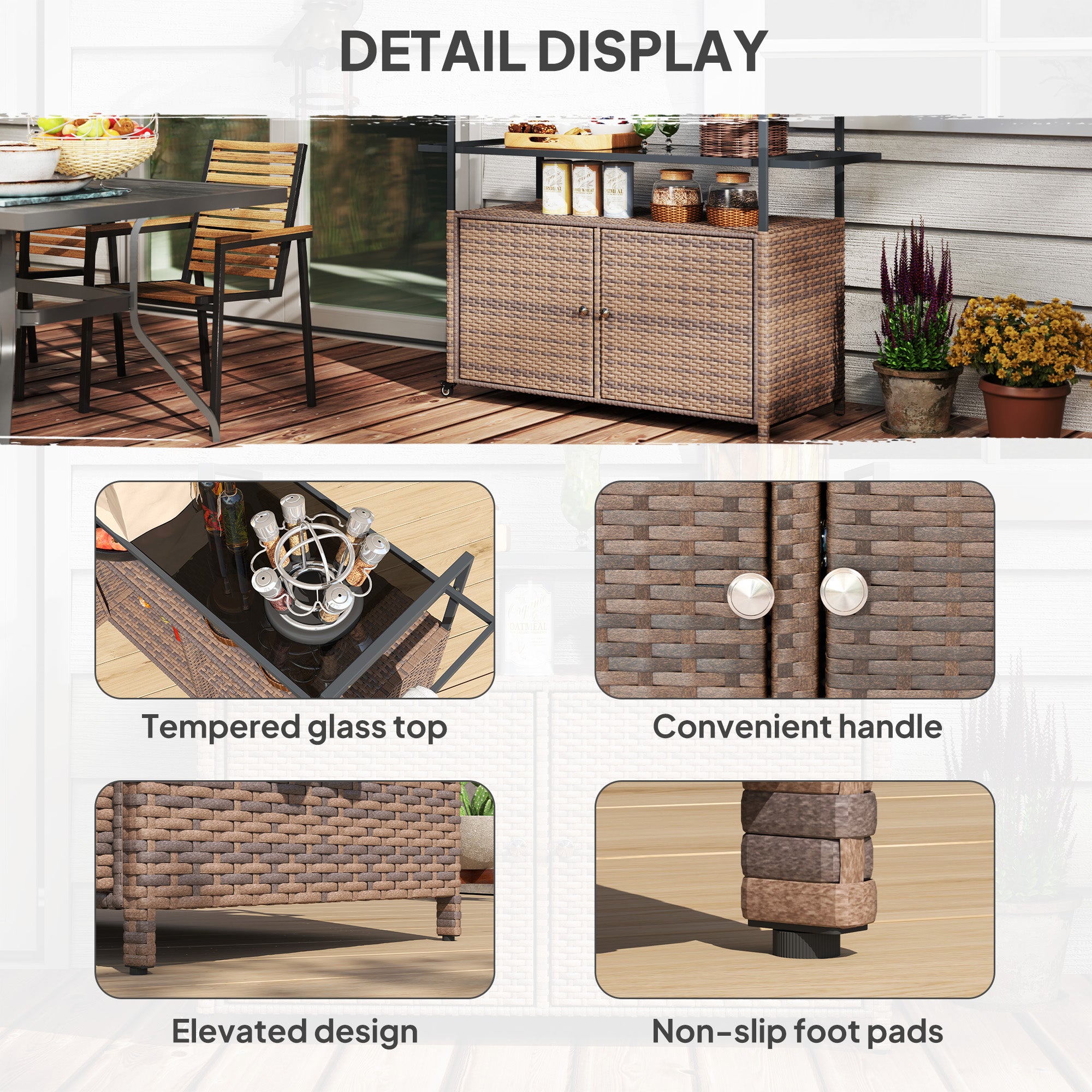 2-Tier Shelf PE Rattan Outdoor Bar Table, Glass Top Outdoor Serving Cart with Cabinet