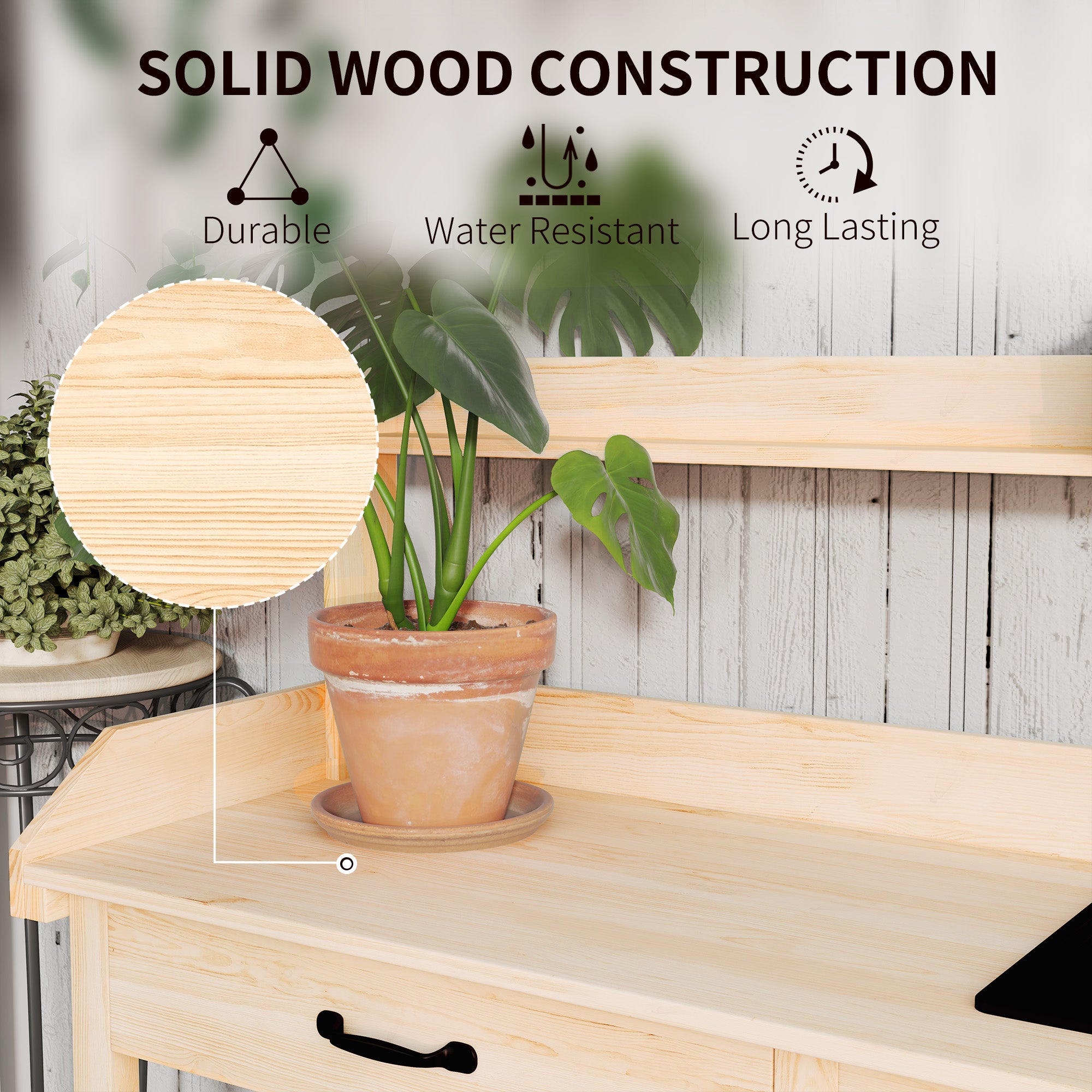Potting Bench Table, Outdoor Garden Table Wooden Work Station with Removable Sink, Faucet, Drawer, Shelves, Hooks