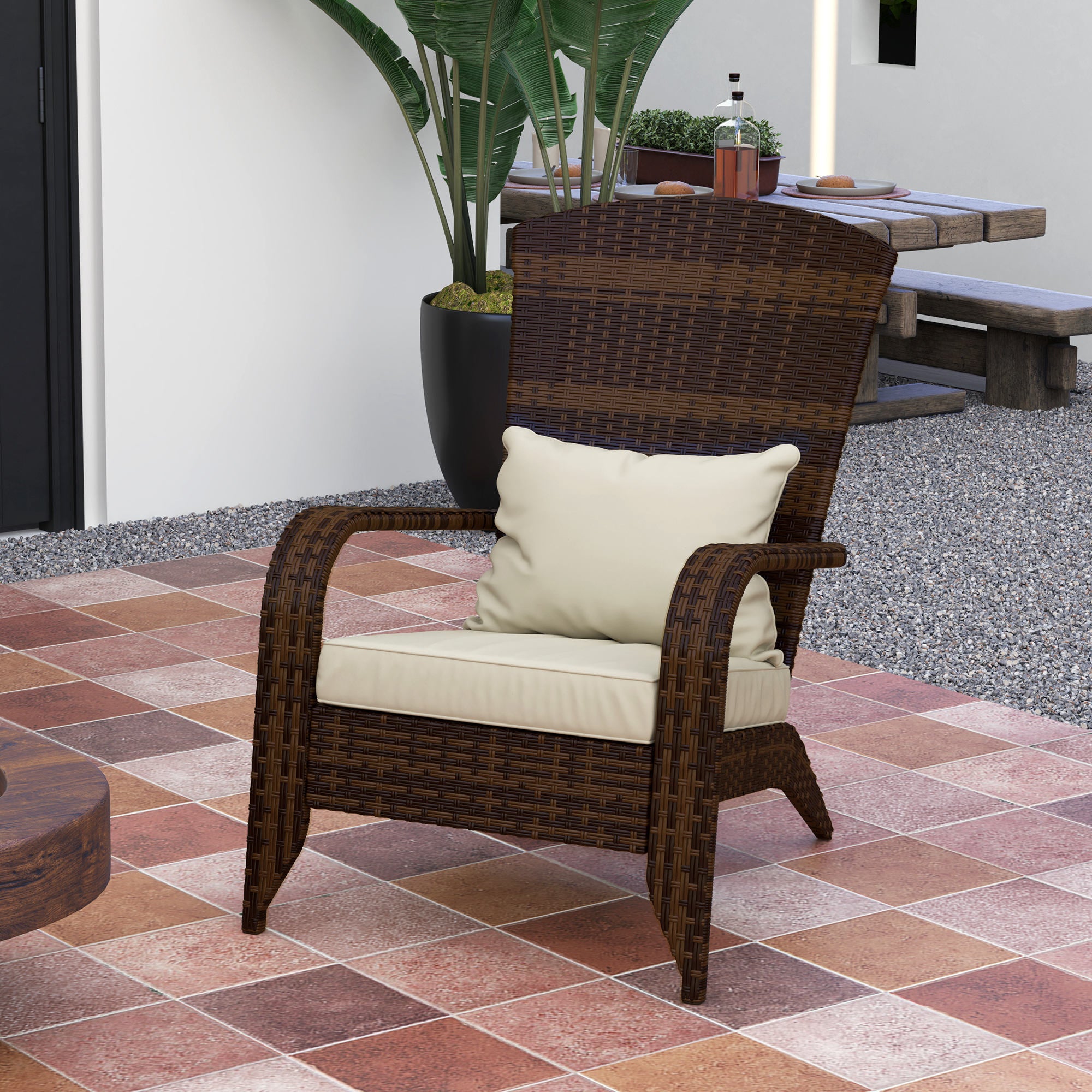 Patio Adirondack Chair with Rattan Wicker, Soft Cushions, Tall Curved Backrest for Deck or Garden