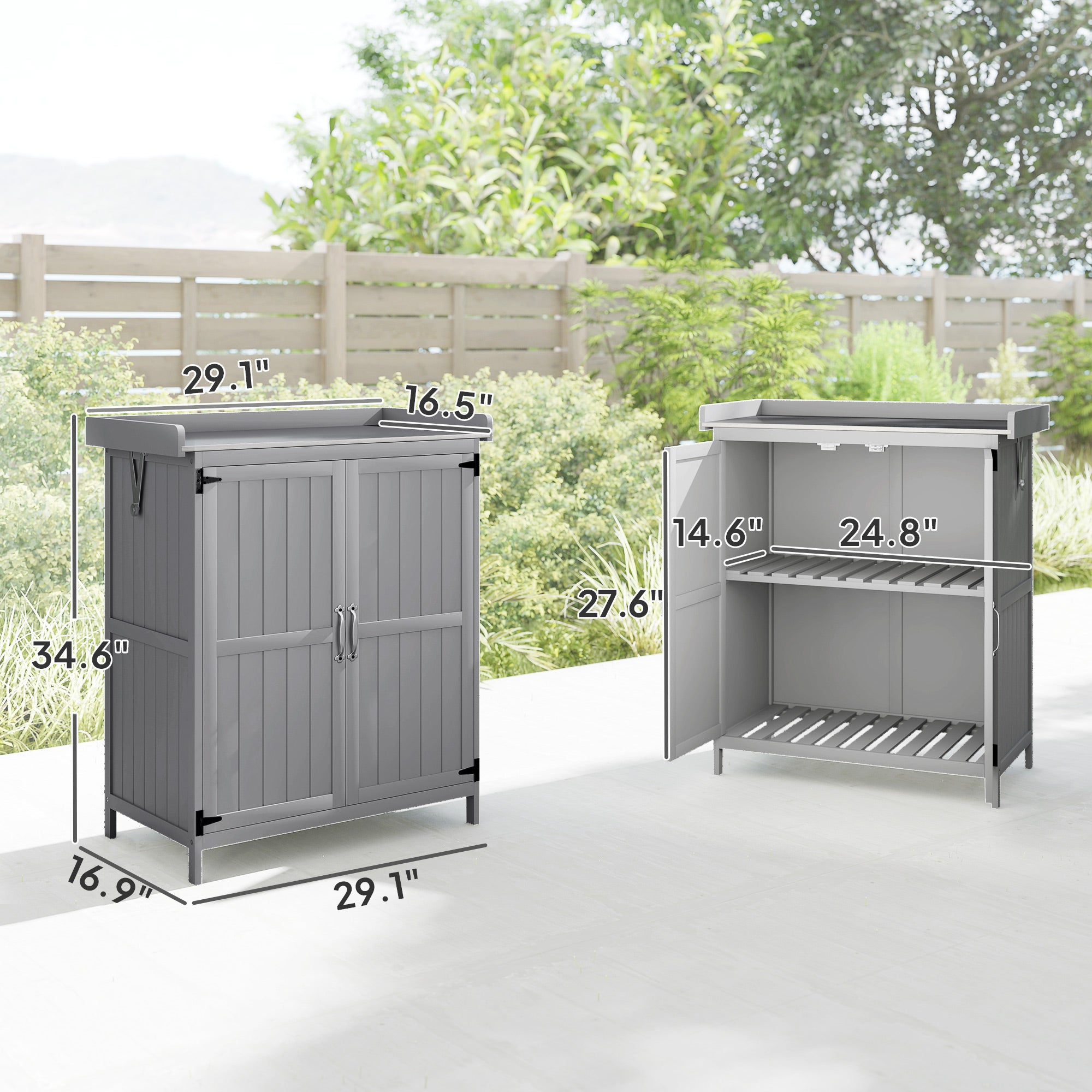 Outdoor Storage Cabinet, Garden Tool Shed with Metal Tabletop and Shelf, Wooden Potting Bench with 2 Doors