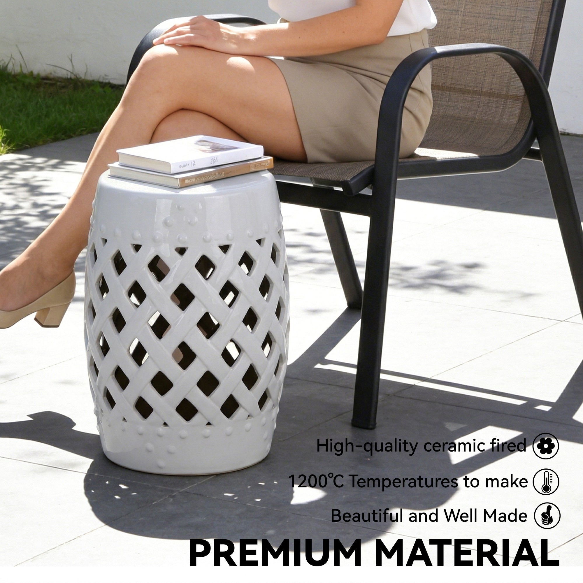13" x 18" Ceramic Garden Stool with Woven Lattice Design & Glazed Strong Materials Decorative Outdoor Stool