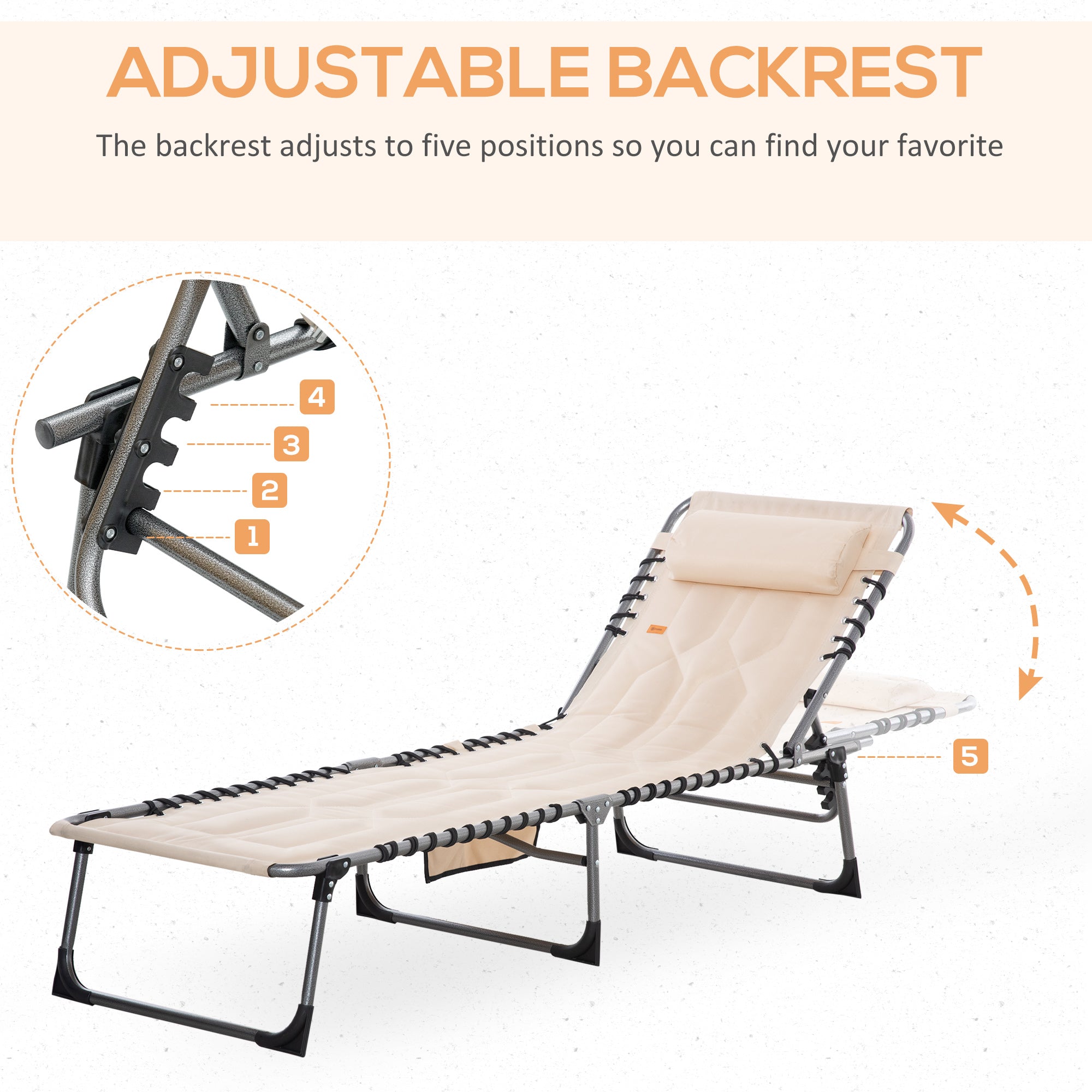 Padded Folding Chaise Lounge Chair, Outdoor 6-Level Reclining Camping Tanning Chair with Headrest for Beach, Yard, Patio, Pool