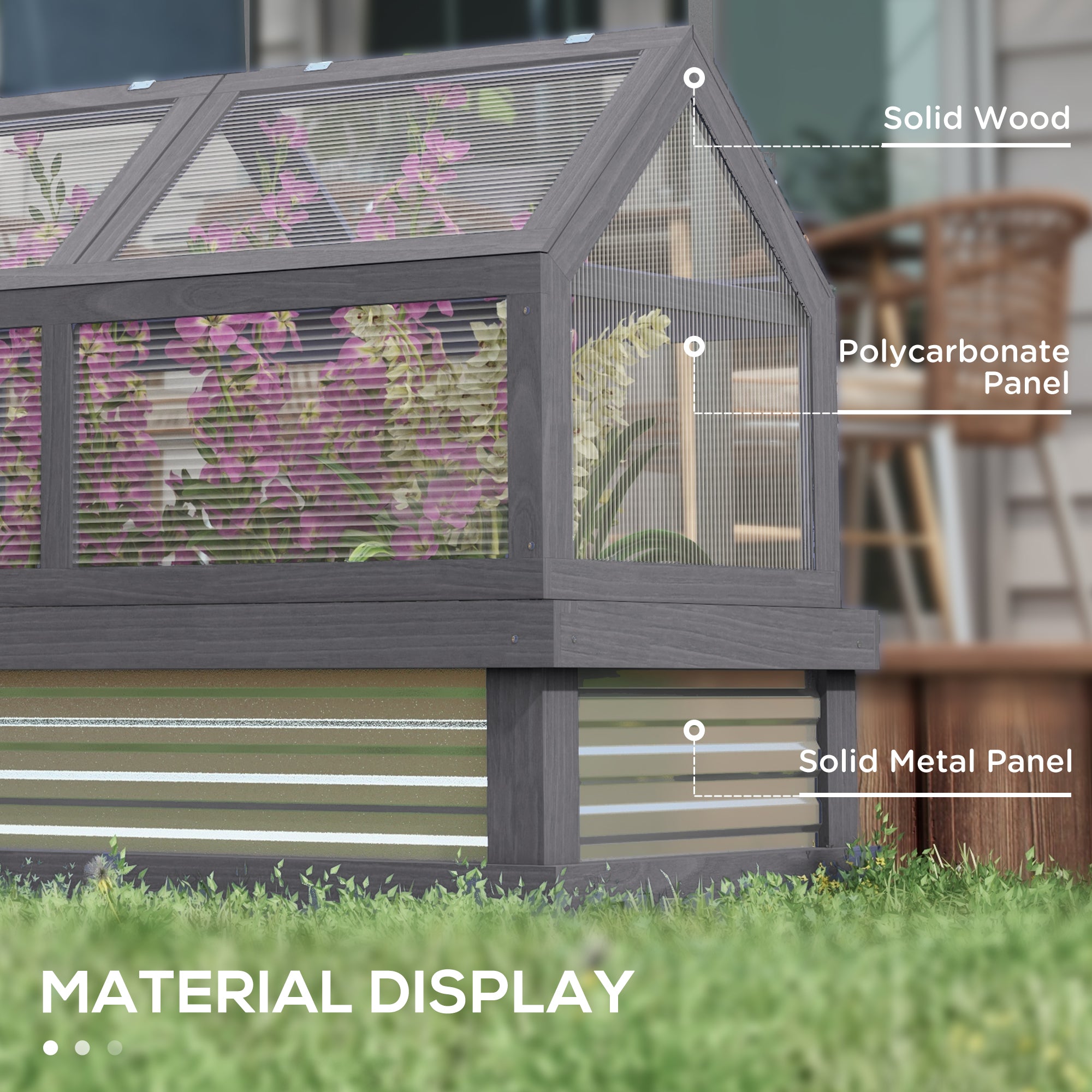 Raised Garden Flower Bed Kit w/ Greenhouse, Wooden Cold Frame Planter, Gray