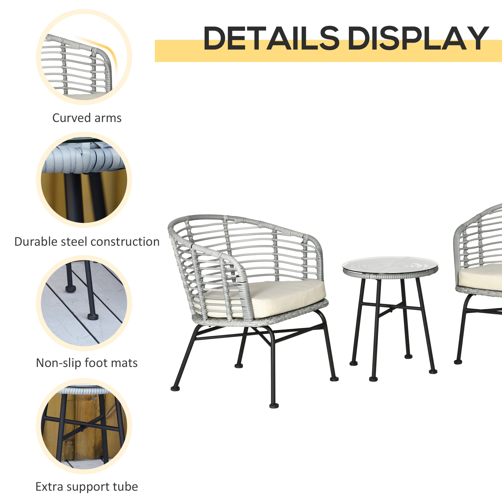 3 Piece Patio Bistro Set, PE Rattan with Cushioned Barrel Chairs & Glass Coffee Table, Conversation Set, Cream White