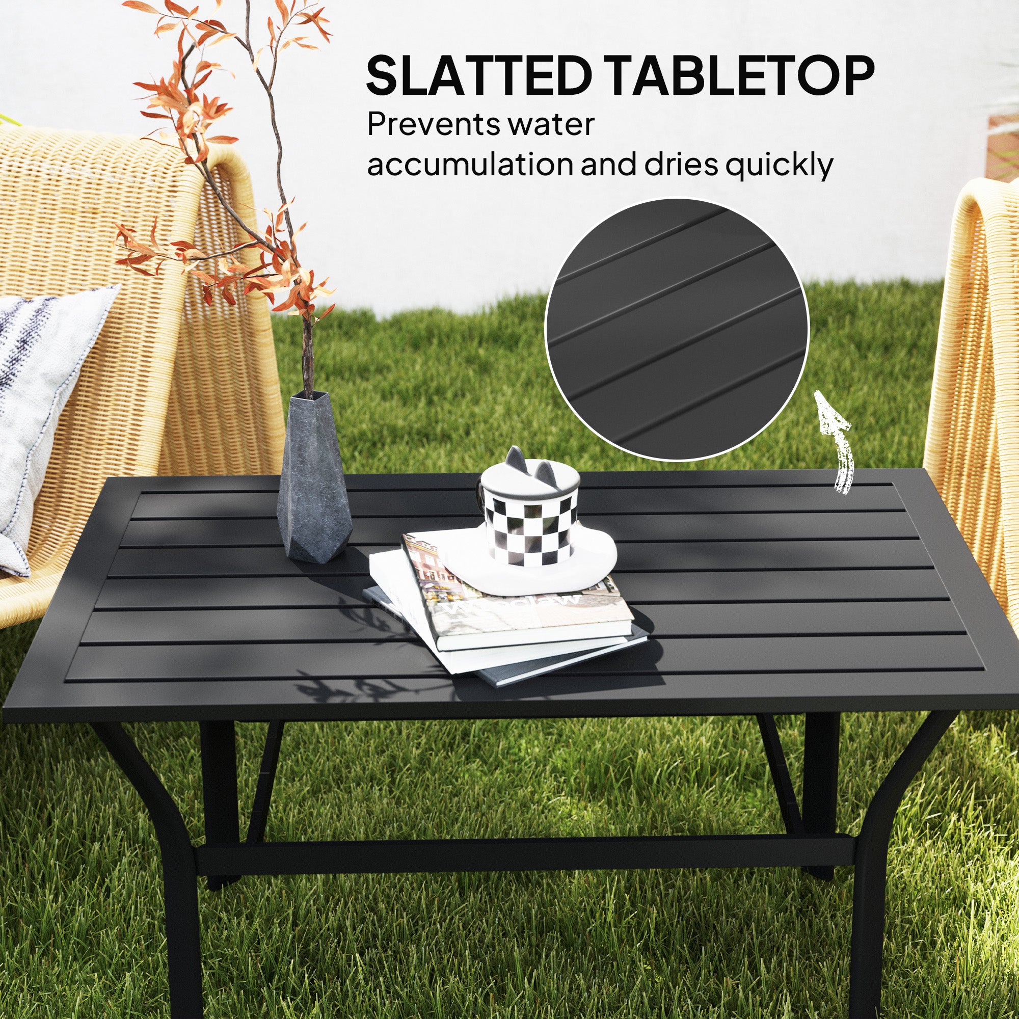 Outdoor Coffee Table with Slatted Tabletop, All-Weather Rectangle Metal Patio Coffee Table for Garden