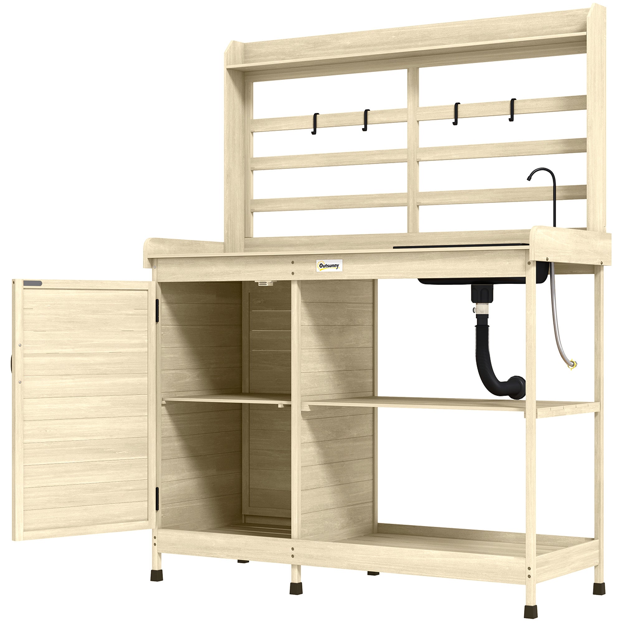 Wooden Potting Bench with Storage, Sink, Water Tap for Backyard, Patio, Balcony