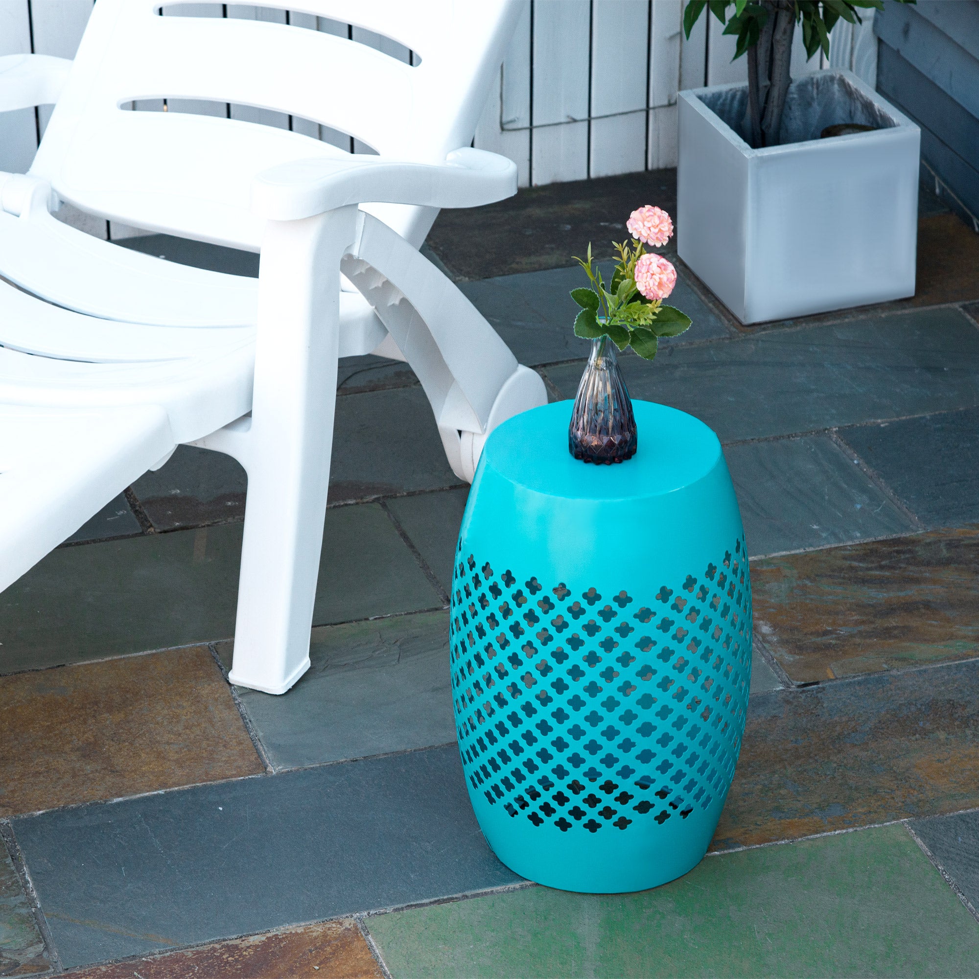 12" Steel Outdoor Side Table, Round Hollow Drum Patio End Table, Accent Table for Indoor and Outdoor