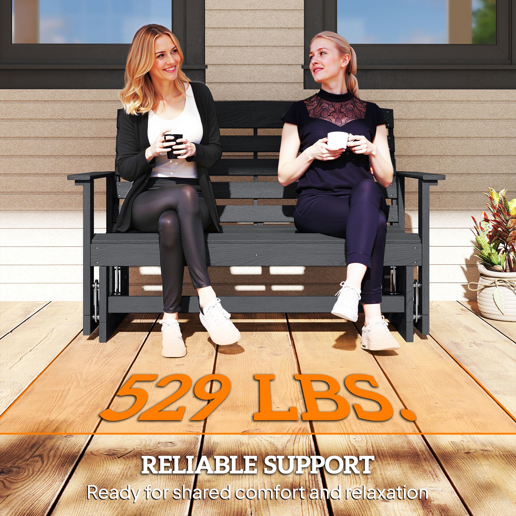 Patio Glider Bench w/ HDPE Slatted Double Rocking Chair