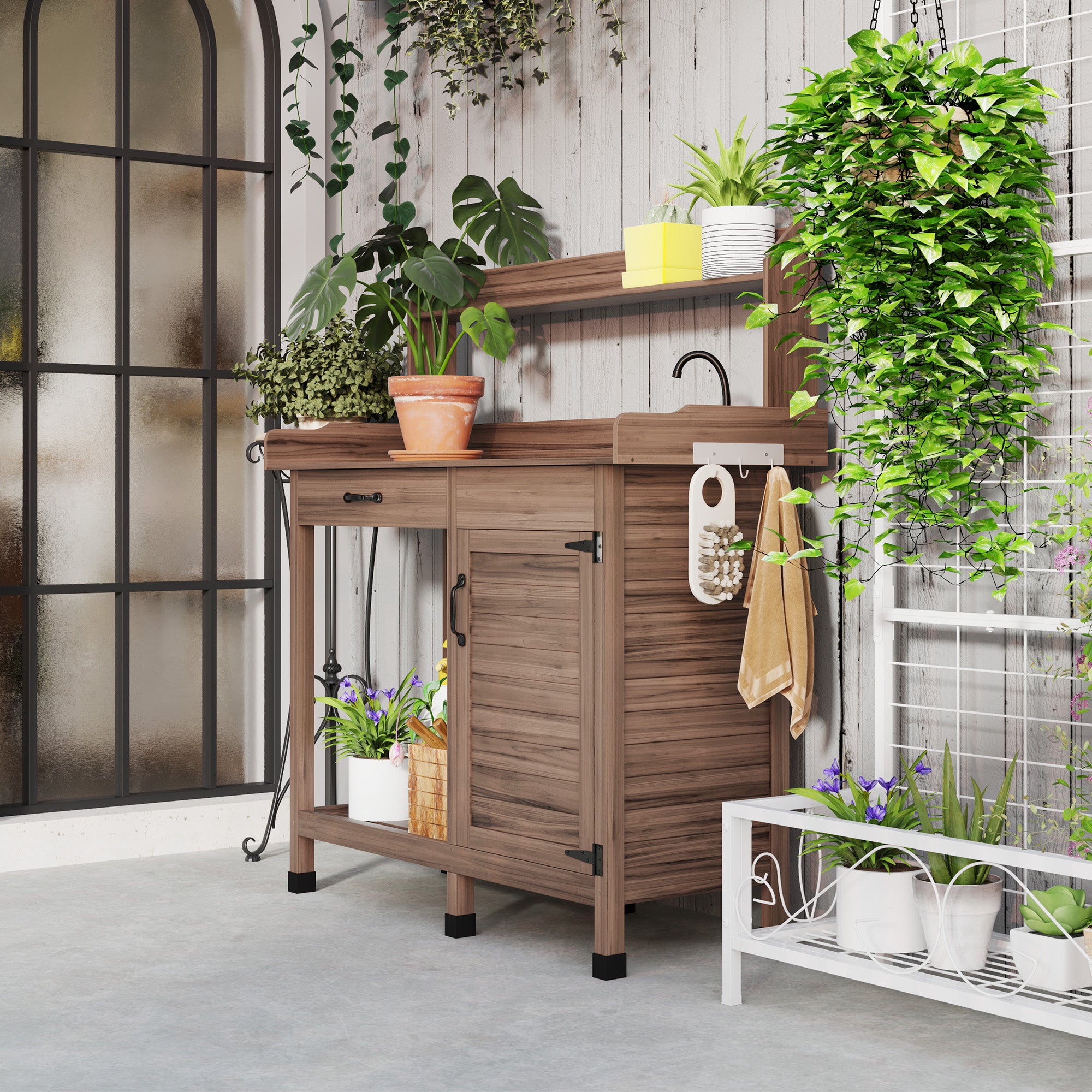 Potting Bench Table with Removable Sink, Outdoor Work Bench Table with Storage Cabinet, Hooks, Faucet and Drawer for Greenhouse, Garden, Patio