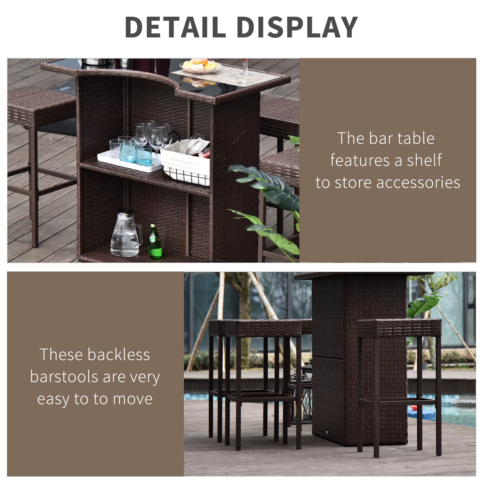 5 Piece Wicker Outdoor Bar Set, High Top Outdoor Table and Chairs, Height Patio Set with Glass Table Top 2 Tier Storage Shelf and 4 Bar Stools for Garden, Poolside, Dark Brown