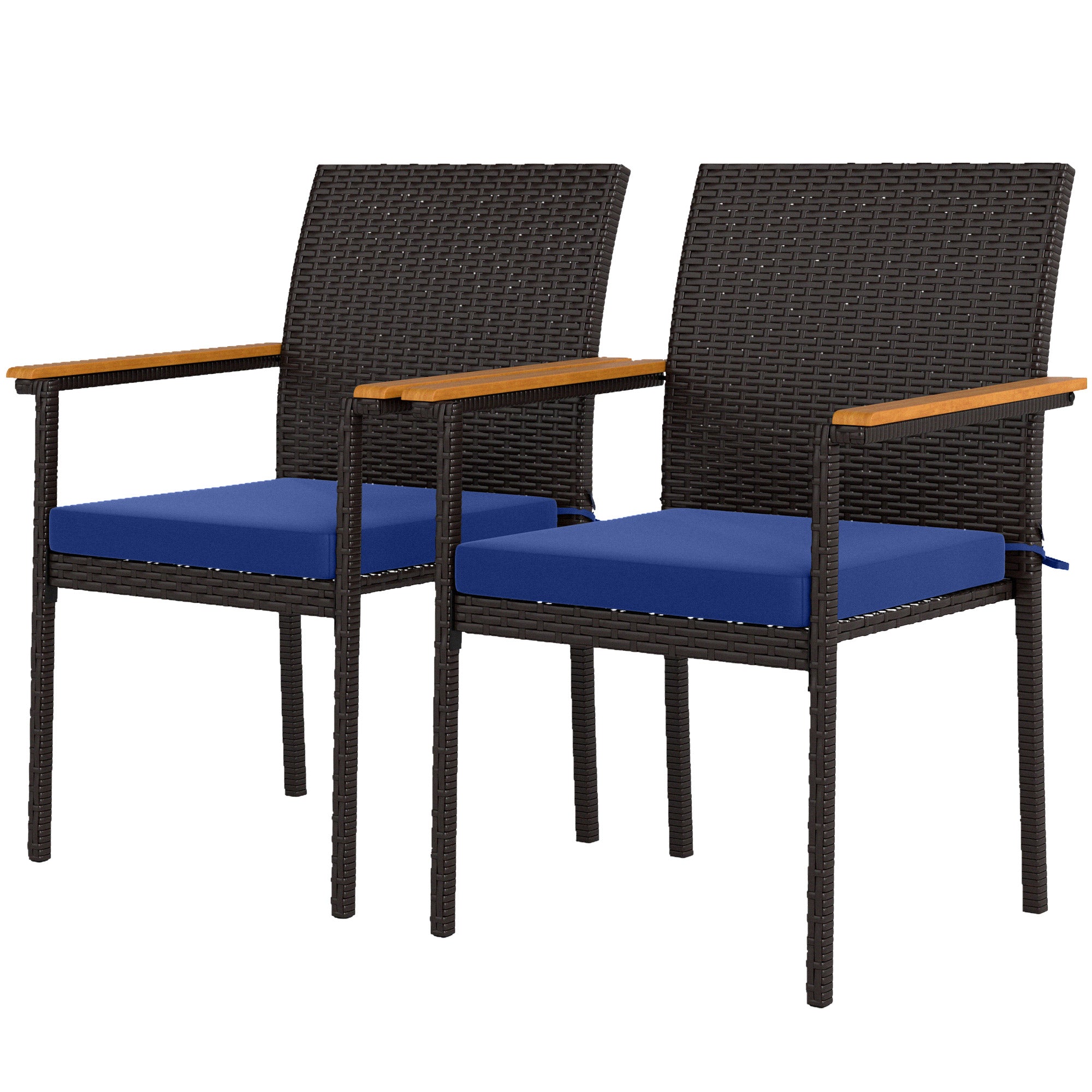 Stackable Patio Wicker Dining Chair Set of 2 with Cushions, Backrest, Armrests for Deck, Garden