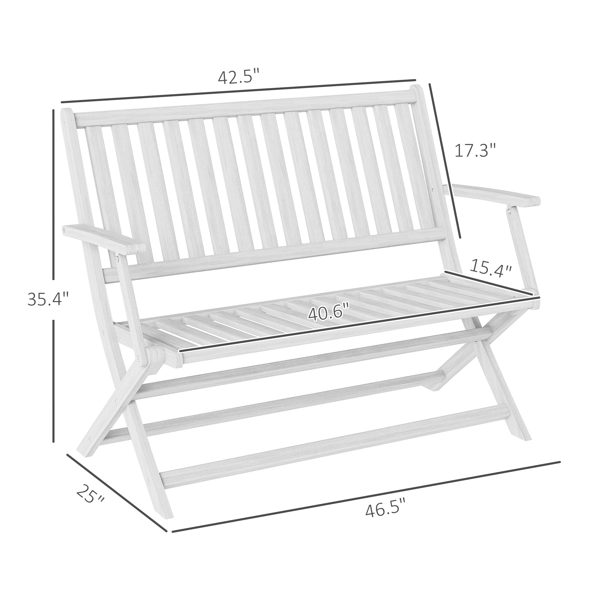 2-Person Foldable Wood Outdoor Bench with Backrest and Armrests for Garden, Porch, Park, Balcony