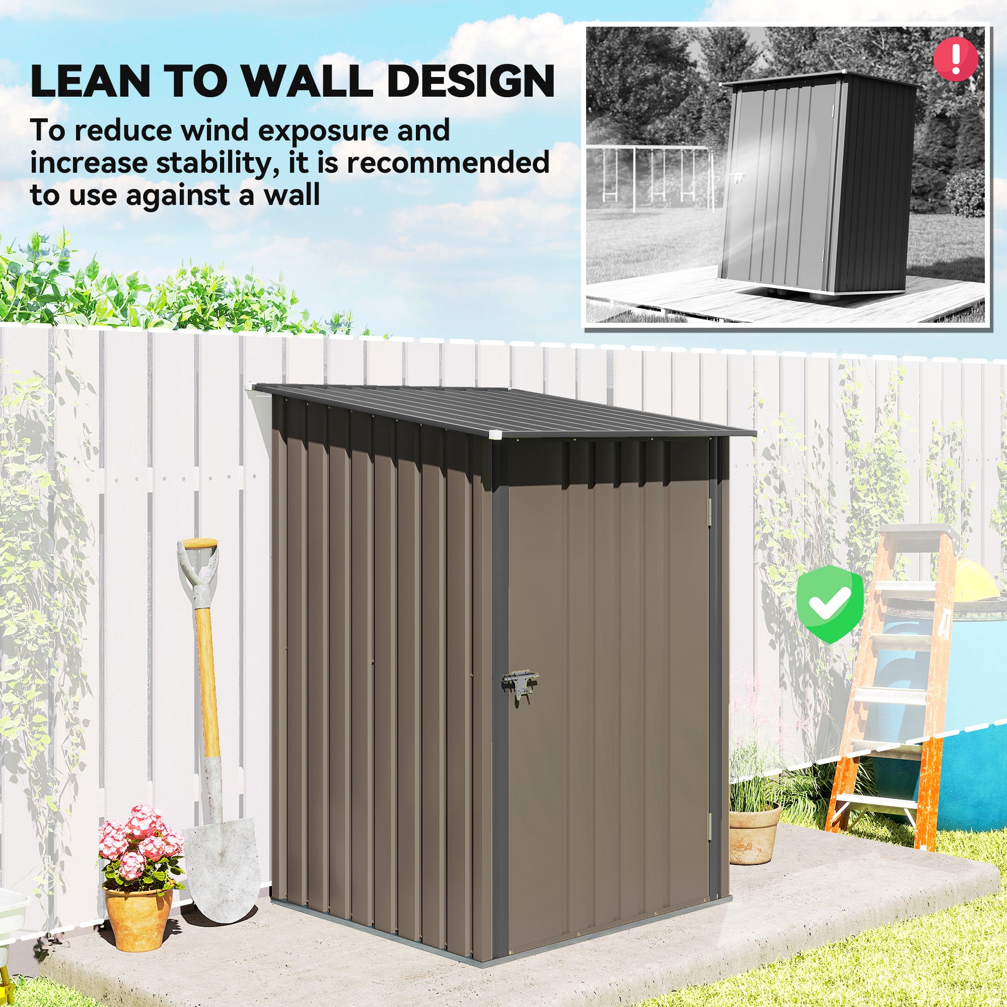 Outdoor 3.3' x 3.4' Lean-to Garden Storage Shed, Galvanized Steel Tool House with Lockable Door for Patio