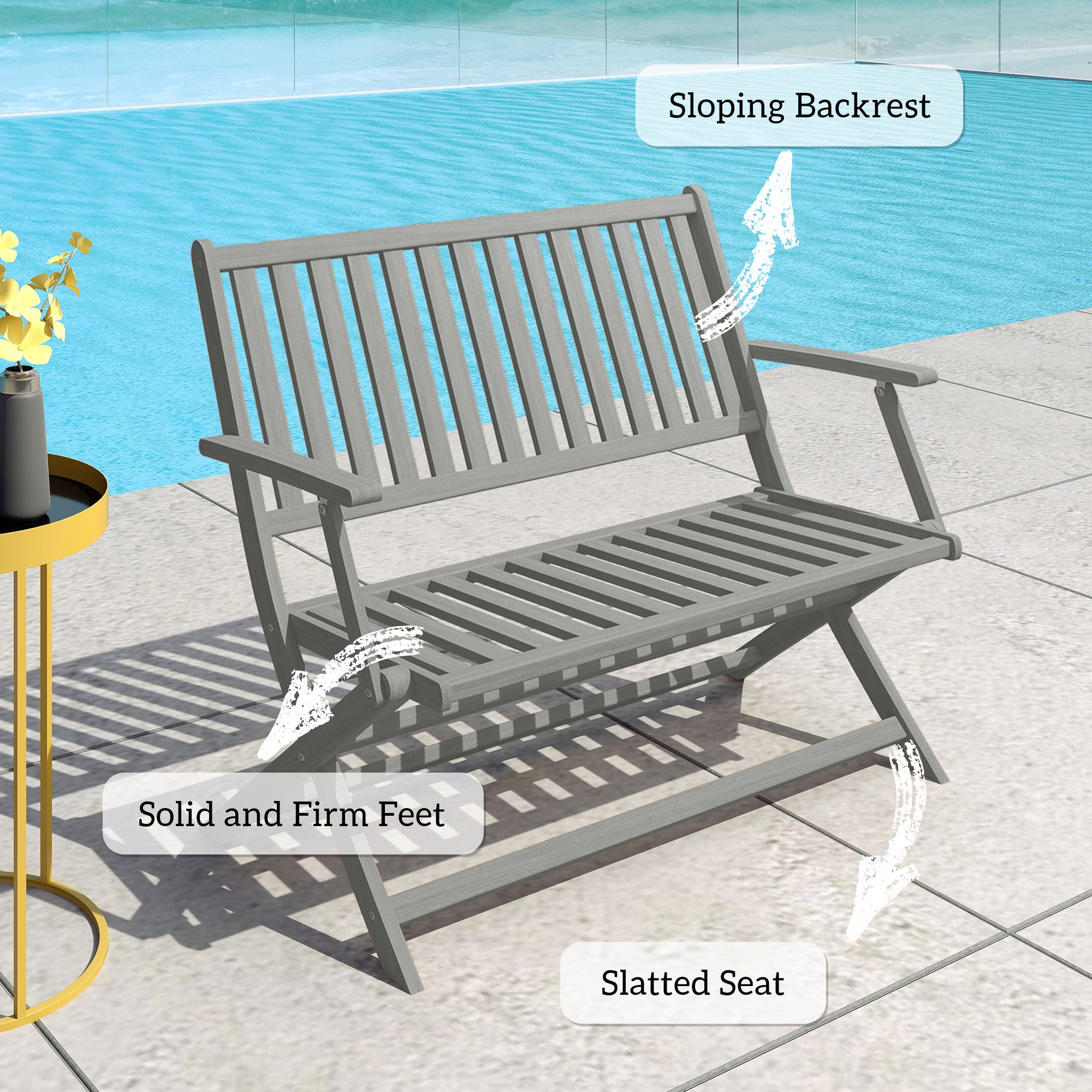 2-Person Foldable Wood Outdoor Bench with Backrest and Armrests for Garden, Porch, Park, Balcony, Gray