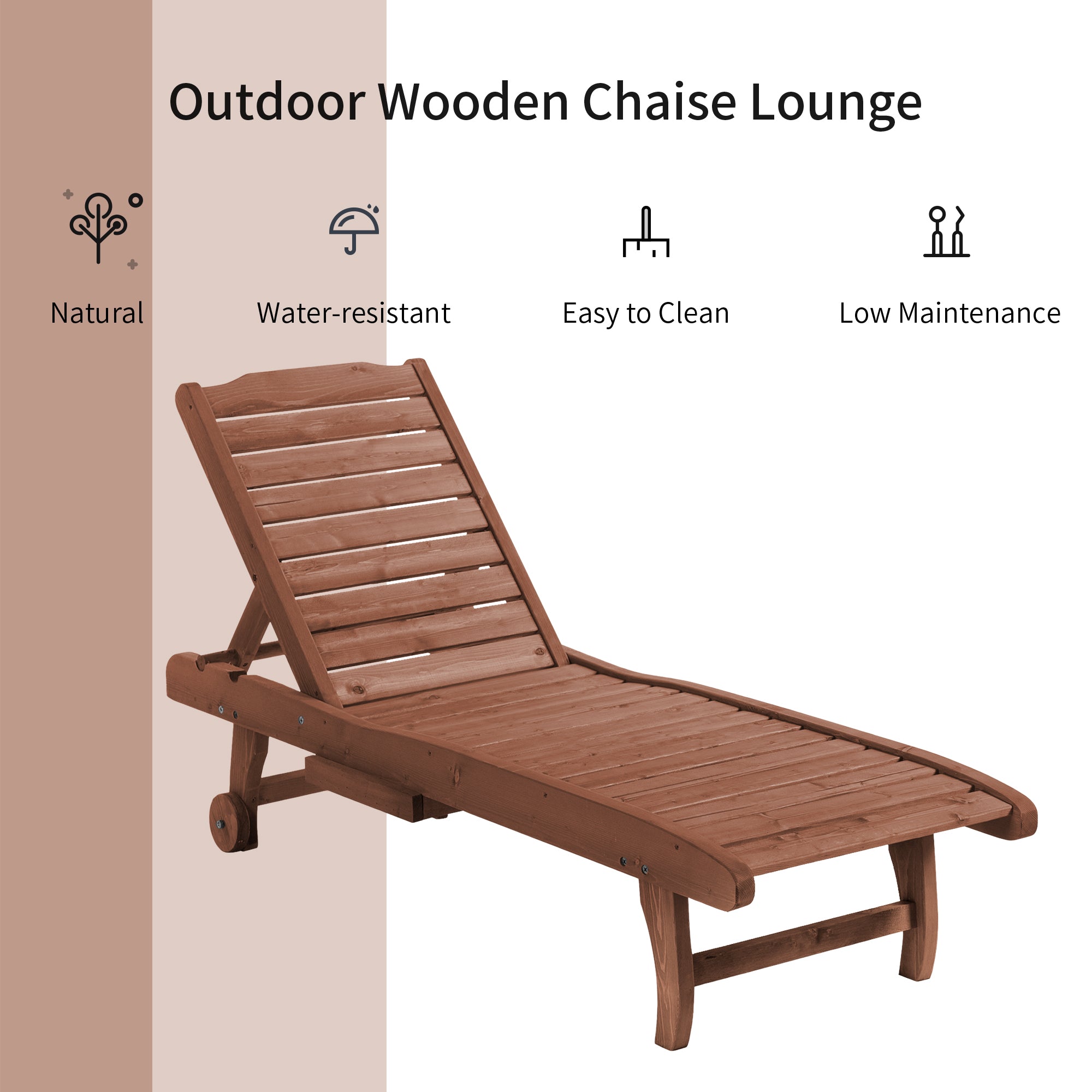 Chaise Lounge Chair Outdoor Wooden Pool Lounge Chair with 3-level Adjustable Backrest, Built-In Table and Rolling Wheels, Sun Tanning Chair for Beach Poolside Sunbathing, Brown Red