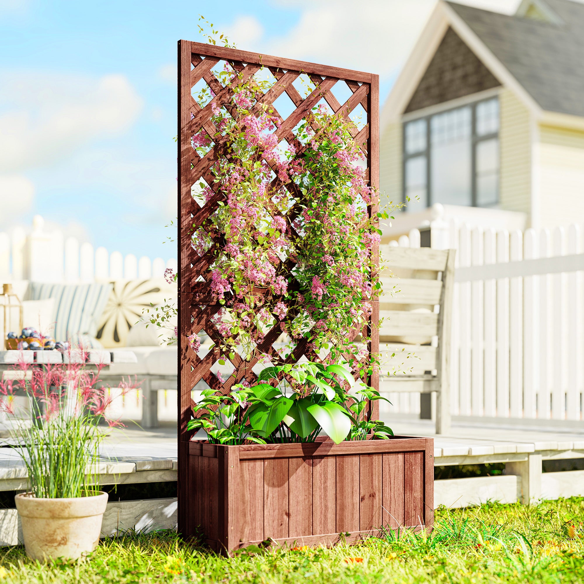 Wooden Raised Garden Bed, Raised Planter Box, Planter with Trellis for Climbing Plants Flowers