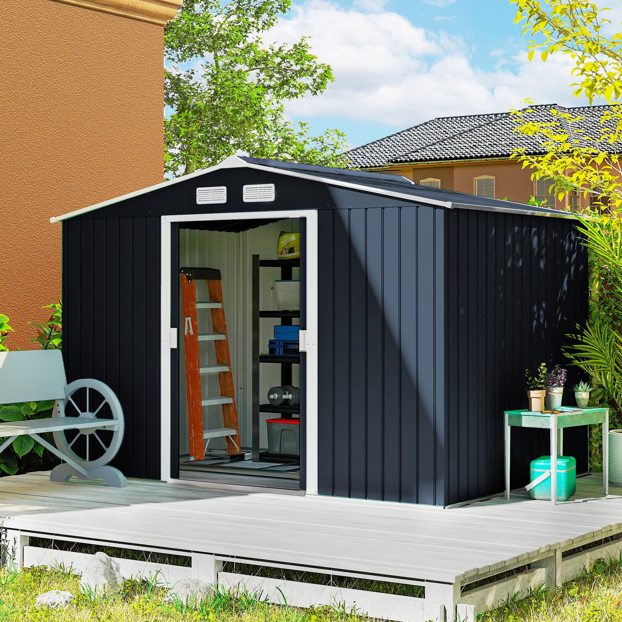 9' x 6' Outdoor Storage Shed, Garden Tool Metal Shed with Foundation Kit