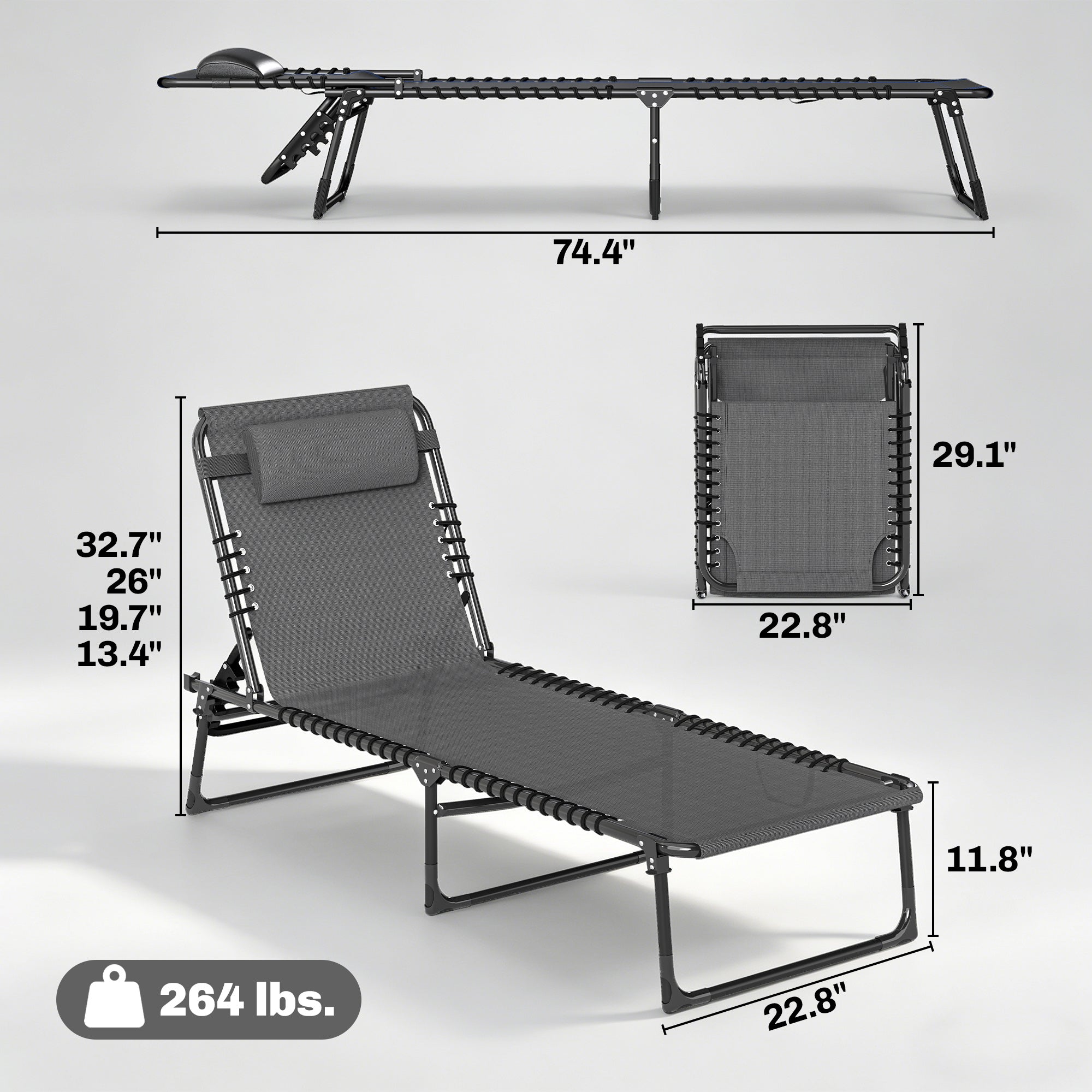 2 Folding Chaise Lounge Pool Chairs with 4-Position Reclining Back, Pillow, Breathable Mesh & Bungee Seat