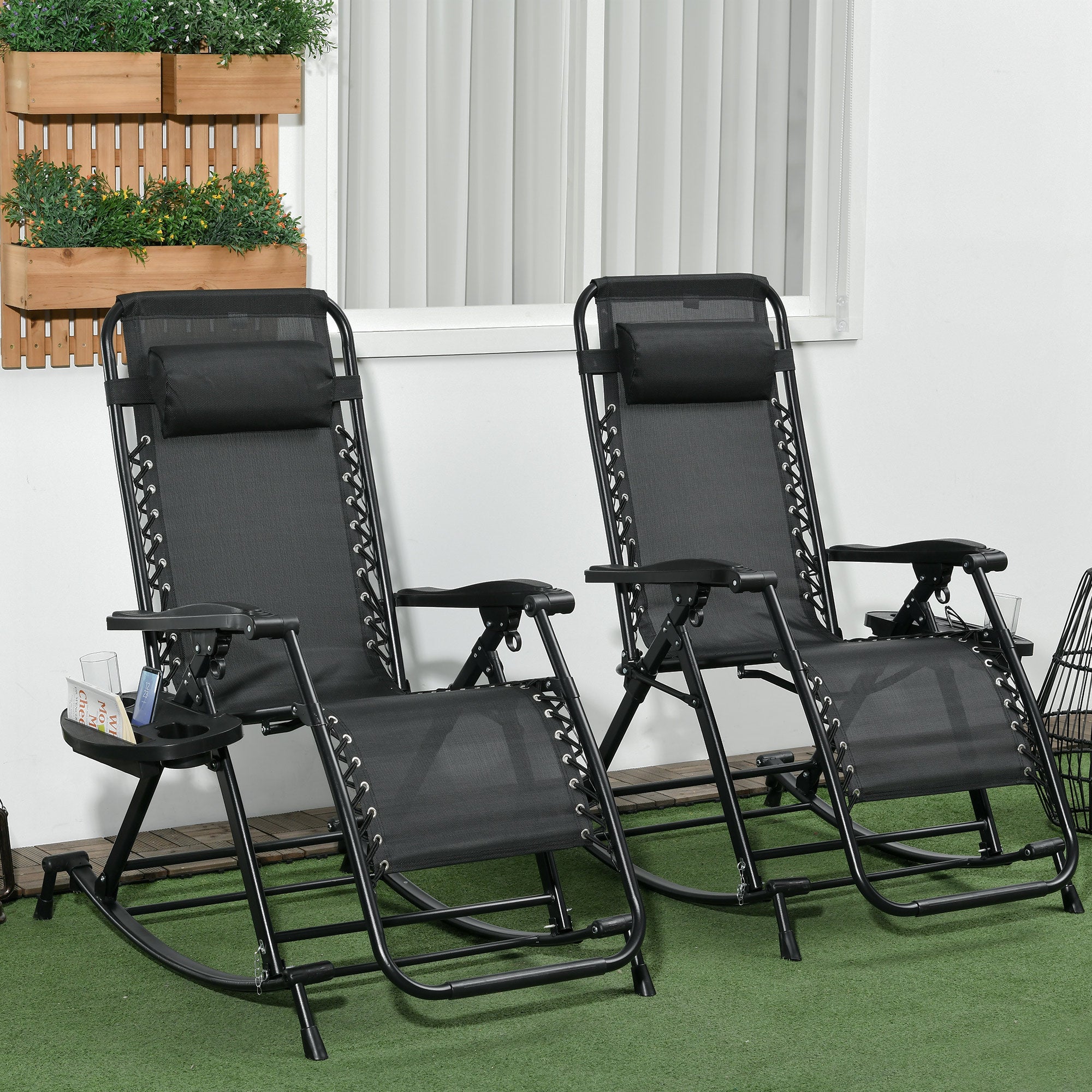 2 Outdoor Rocking Chairs Foldable Reclining Zero Gravity Lounge Rockers w/ Pillow Cup & Phone Holder