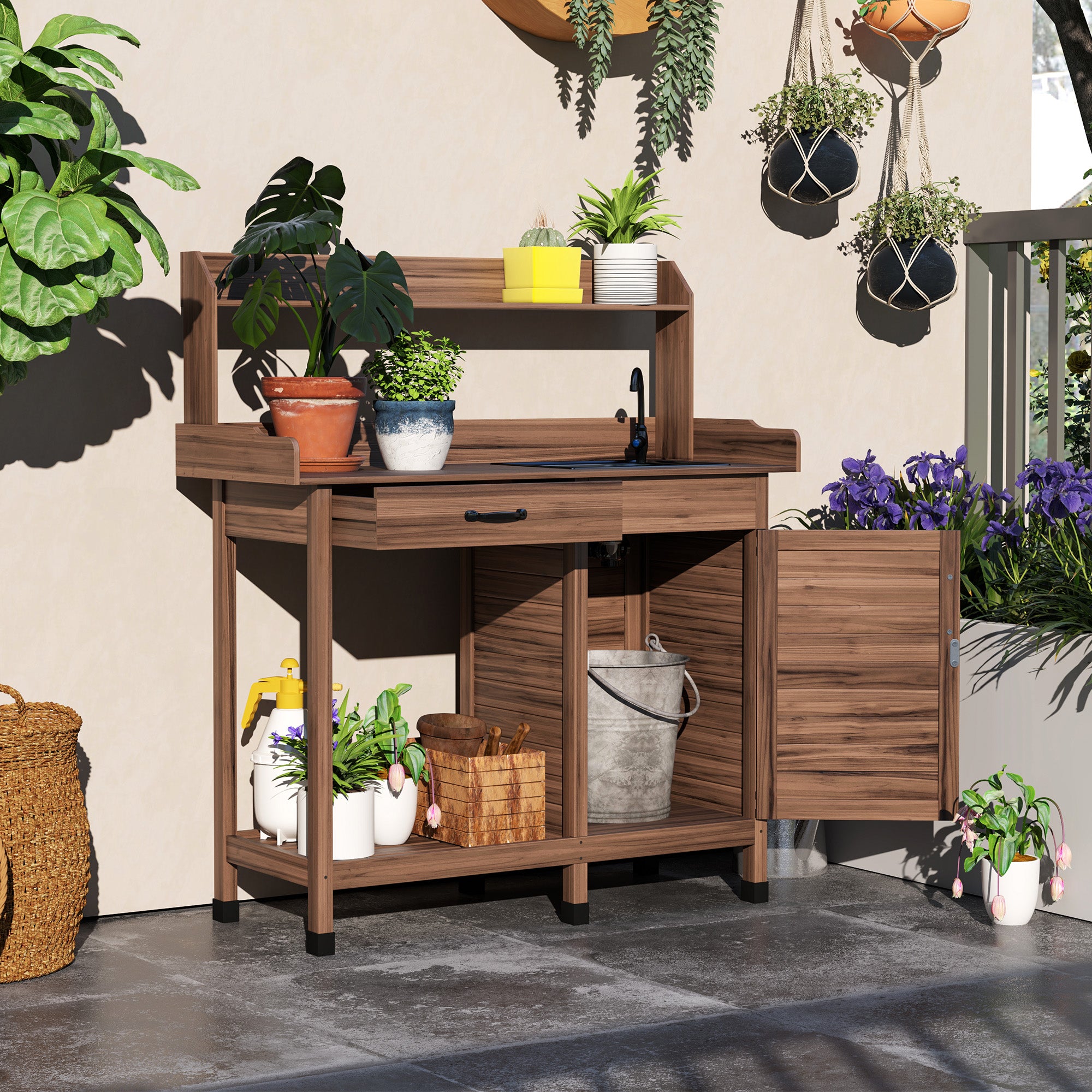 Potting Bench Table with Removable Sink, Outdoor Work Bench Table with Storage Cabinet, Hooks, Faucet and Drawer for Greenhouse, Garden, Patio