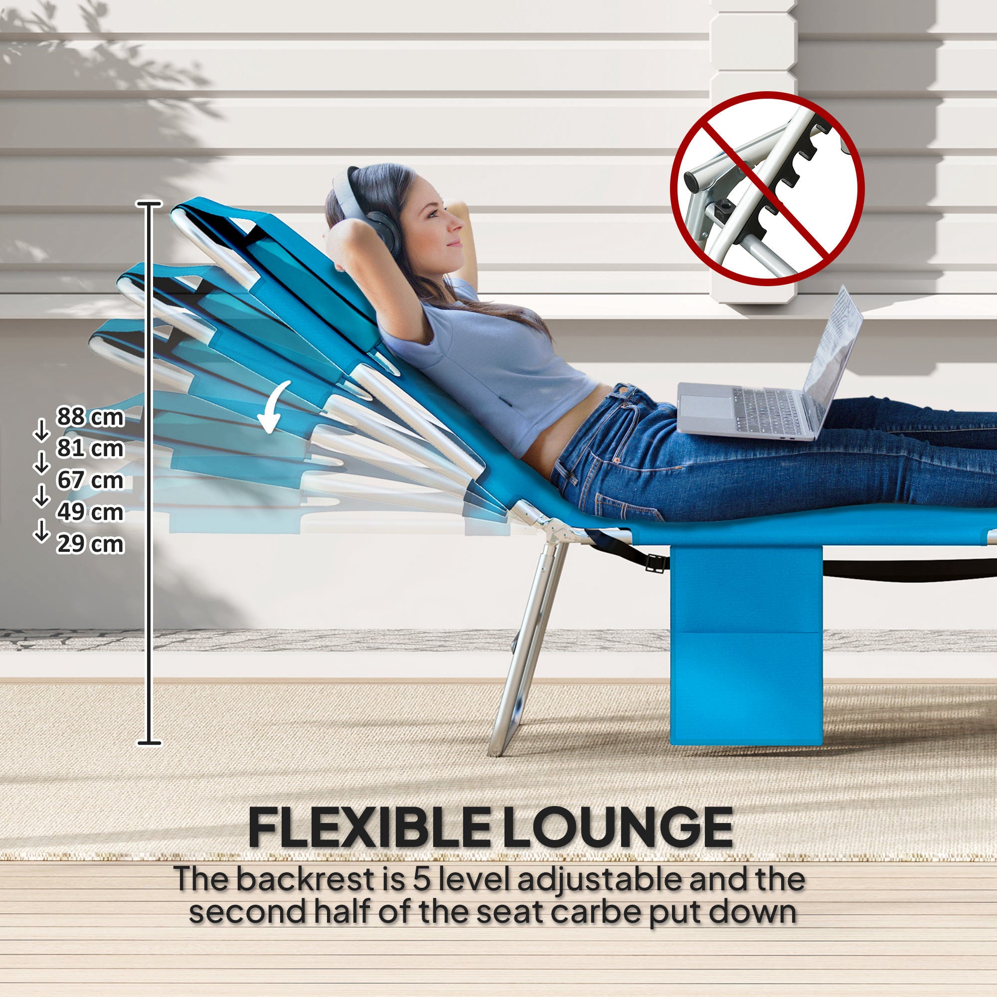 Tanning Chair with Face Hole, 5-Level Adjustable Outdoor Chaise Lounge Chair with Pillow for Beach, Pool