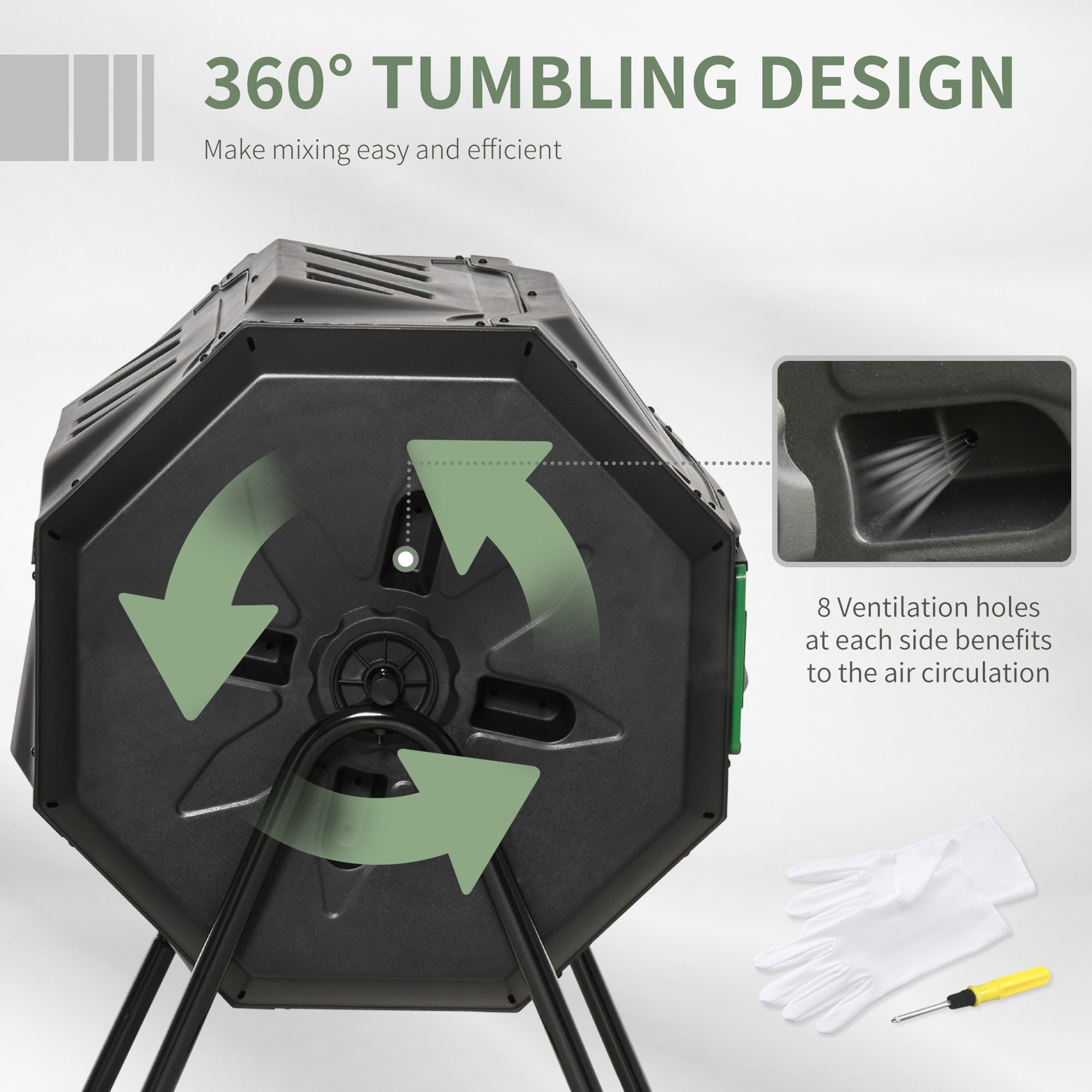Tumbling Compost Bin Outdoor 360° Dual Chamber Rotating Composter 43 Gallon
