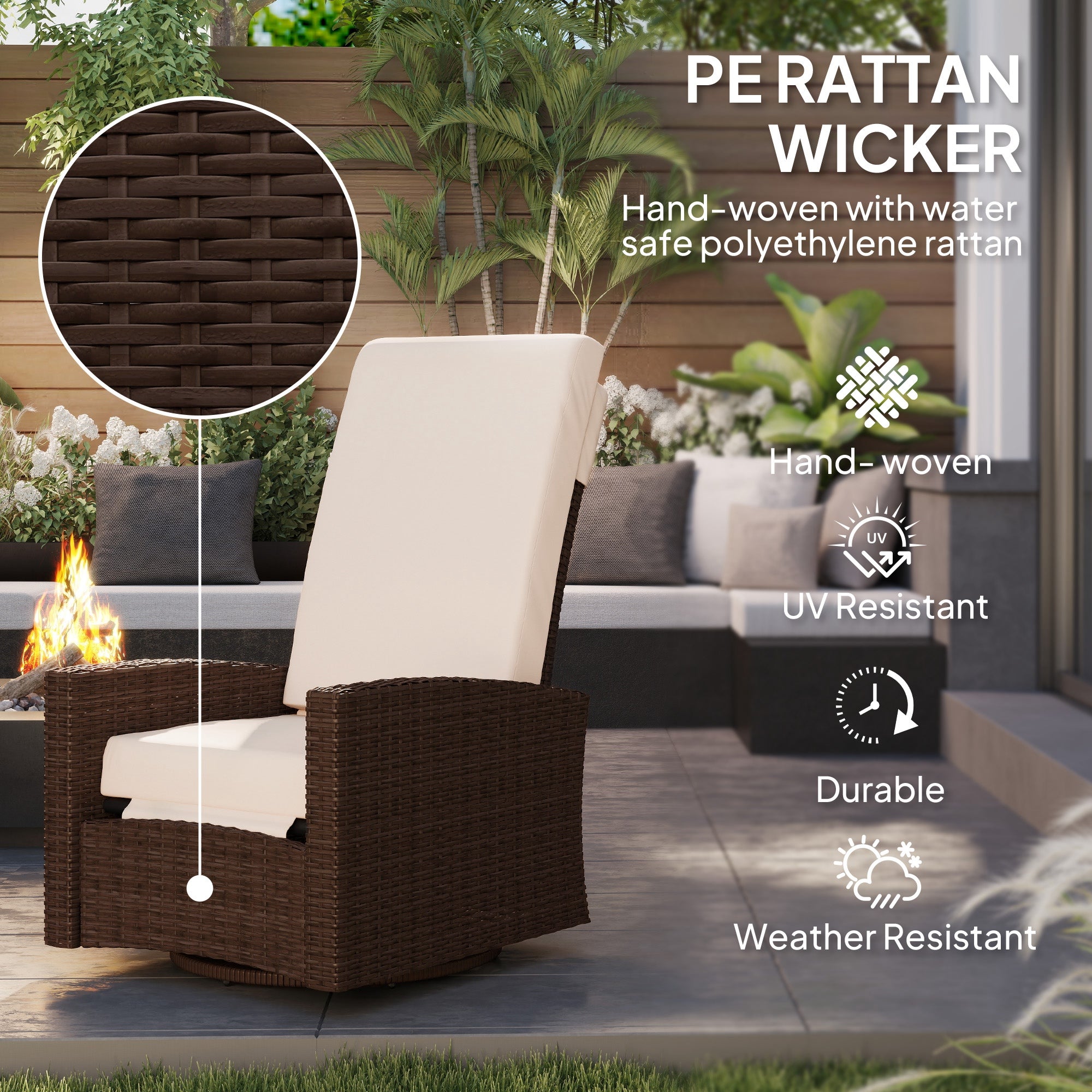 Outdoor Wicker Swivel Recliner Chair, Lifting Footrest, 360° Rotating Basic, Water-resistant Cushions, Dark