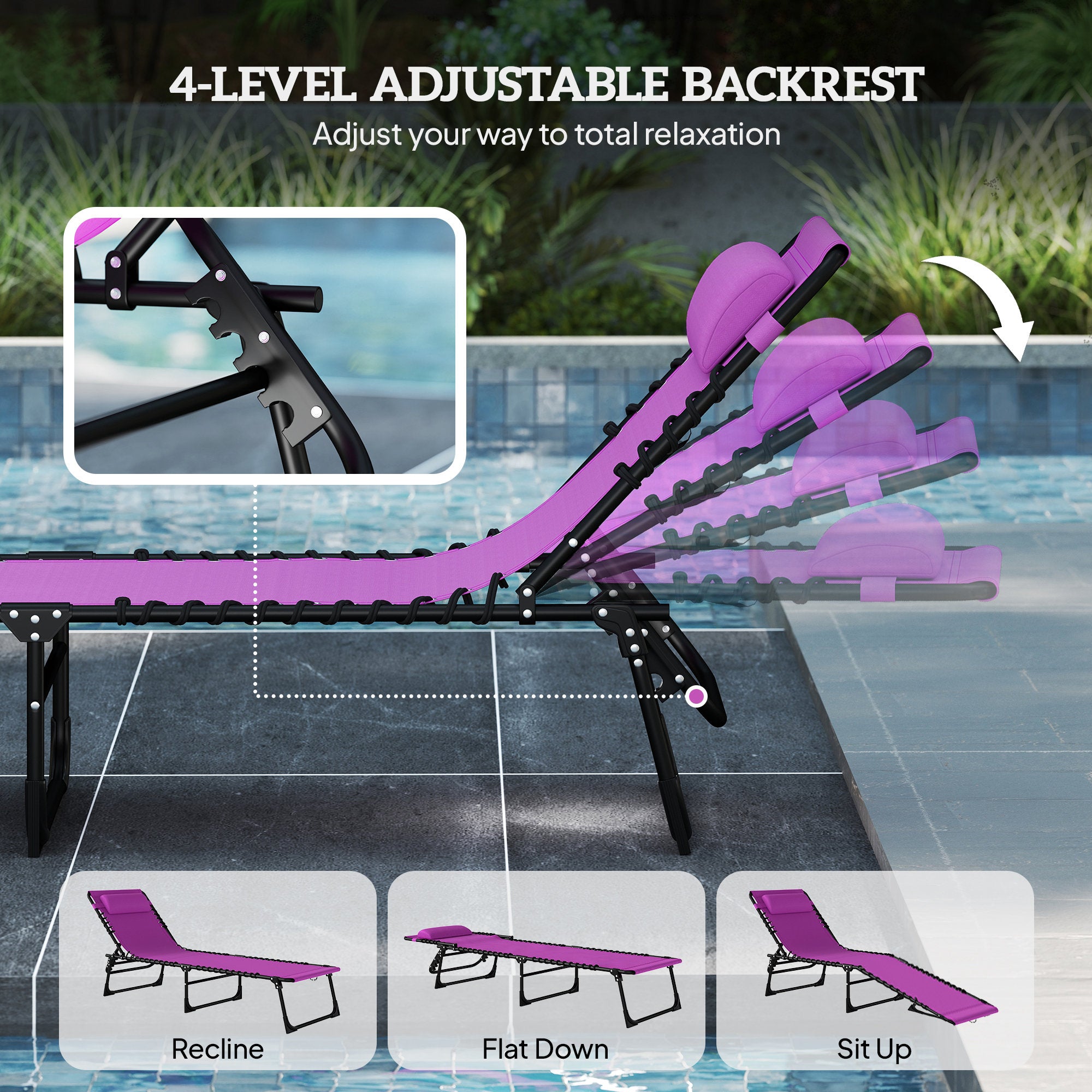 2 Folding Chaise Lounge Pool Chairs with 4-Position Reclining Back, Pillow, Breathable Mesh & Bungee Seat