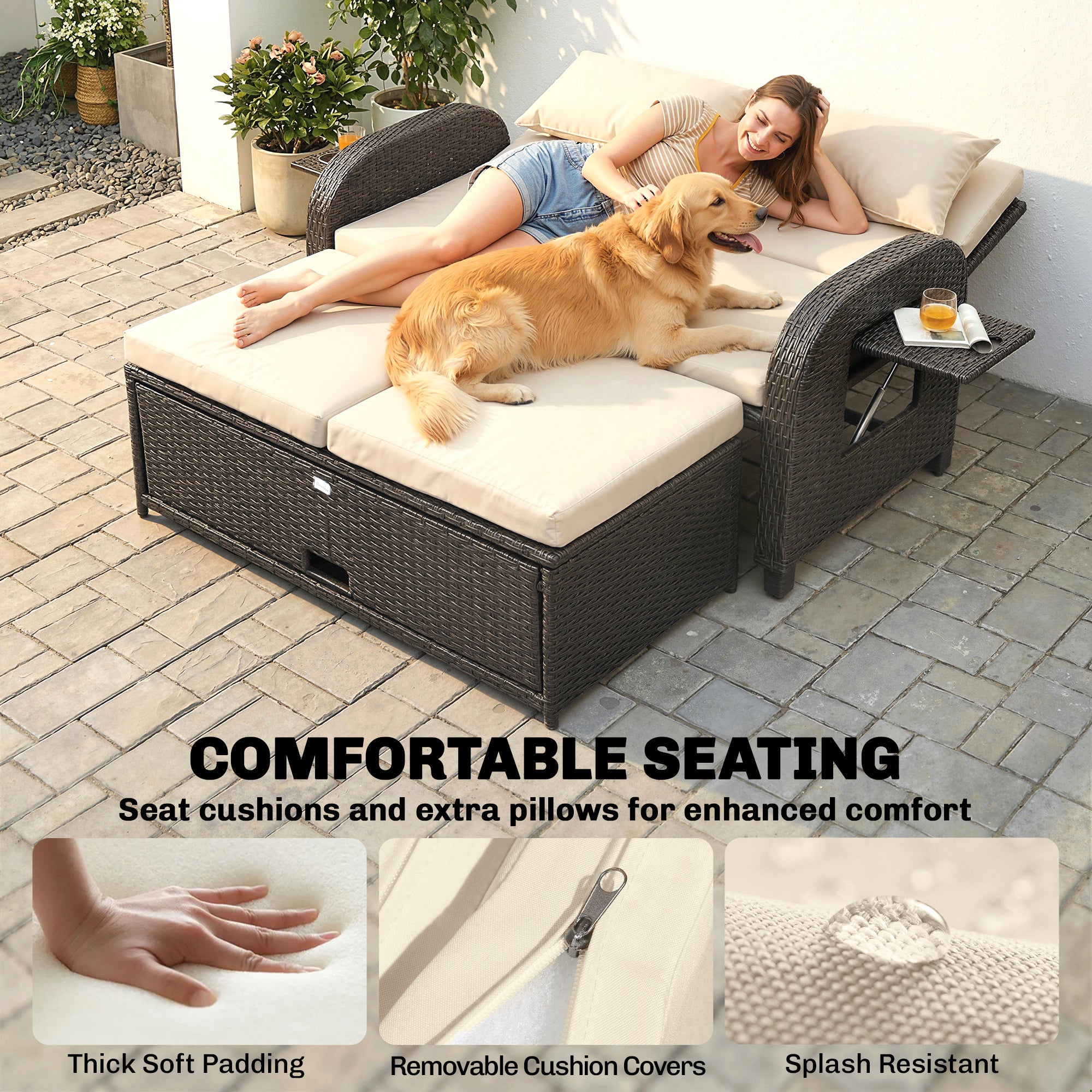 Patio Rattan Daybed, Wicker Outdoor Daybed with Storage Ottoman, Loveseat w/ Adjustable Backrest
