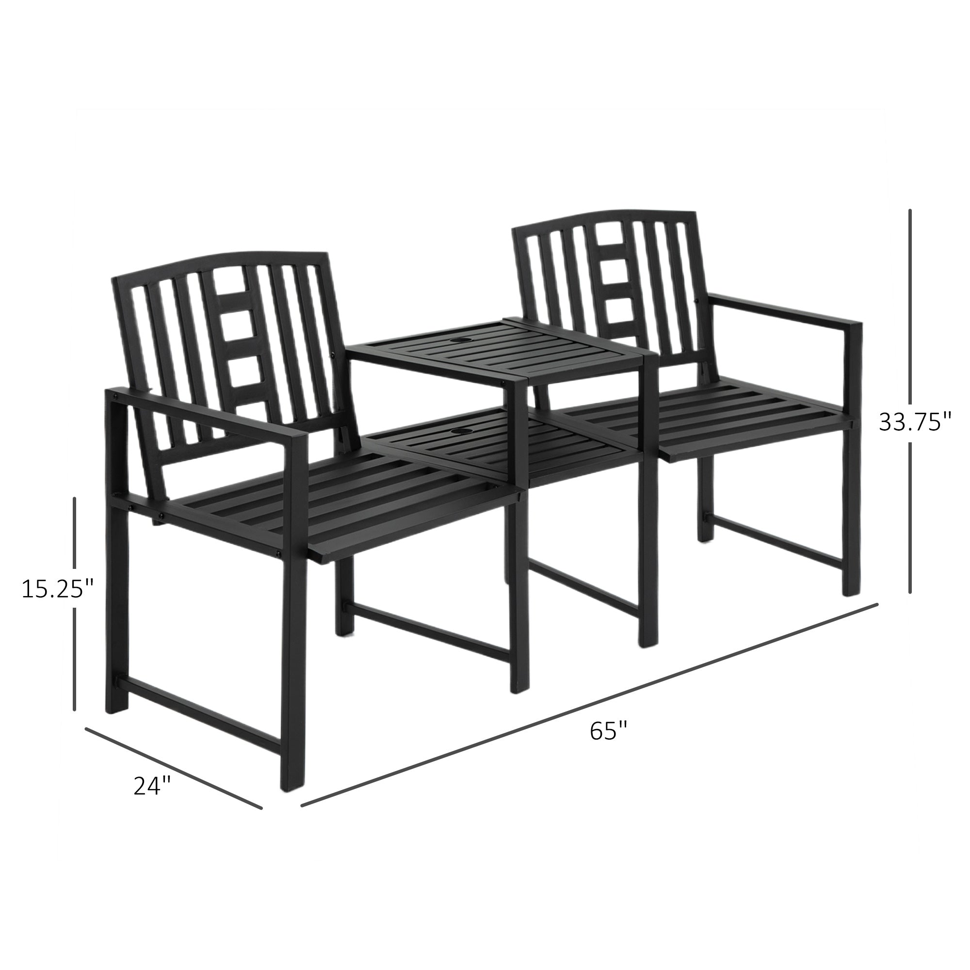 Metal Garden Bench with Middle Table and Umbrella Hole, 2-in-1 Double Patio Chairs, Outdoor 2-person Tete-a-Tete, Slatted, Black