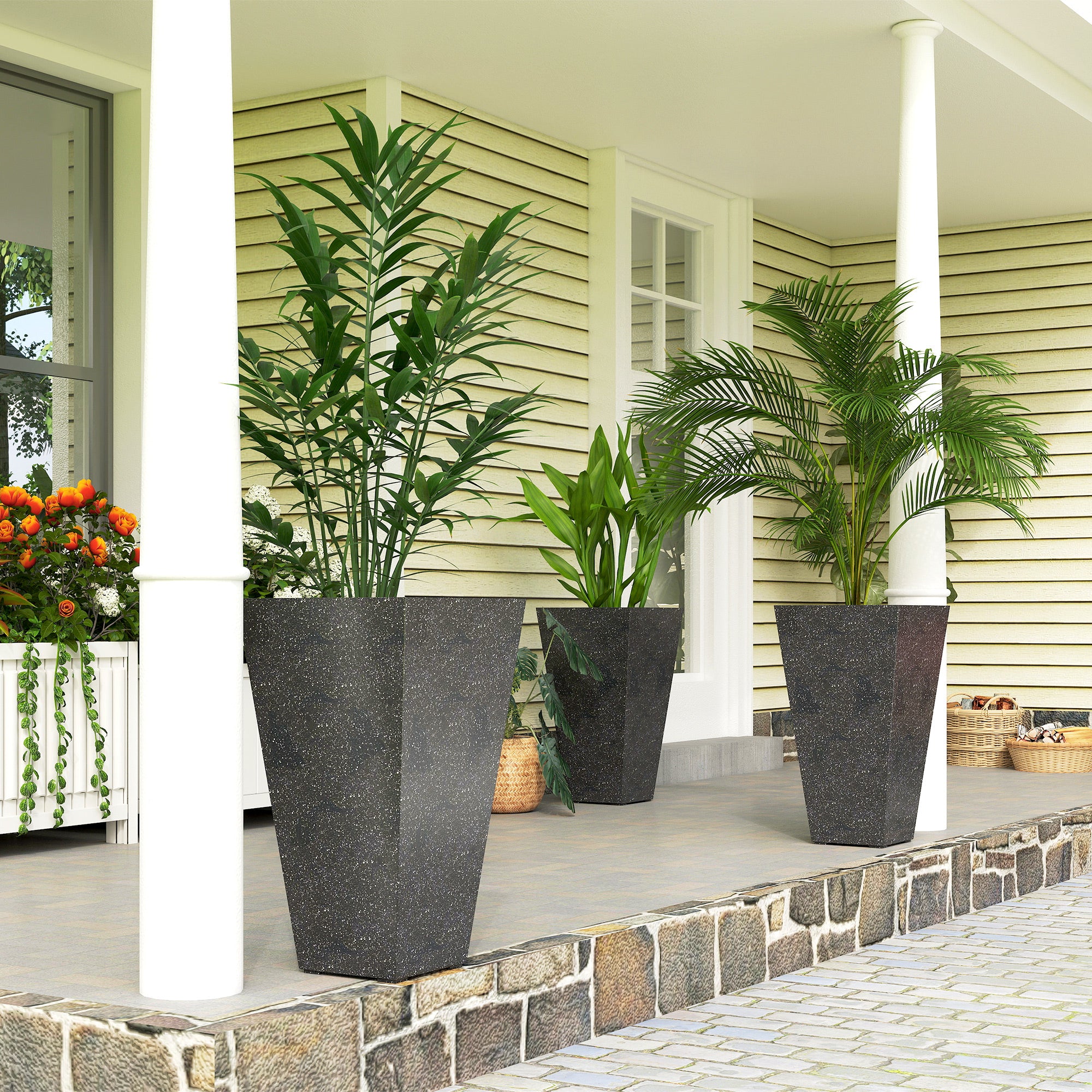 28" Tall Planters, Set of 3 Plastic Flower Pots with Marble Finish and Drainage Holes, Stackable Taper Planters