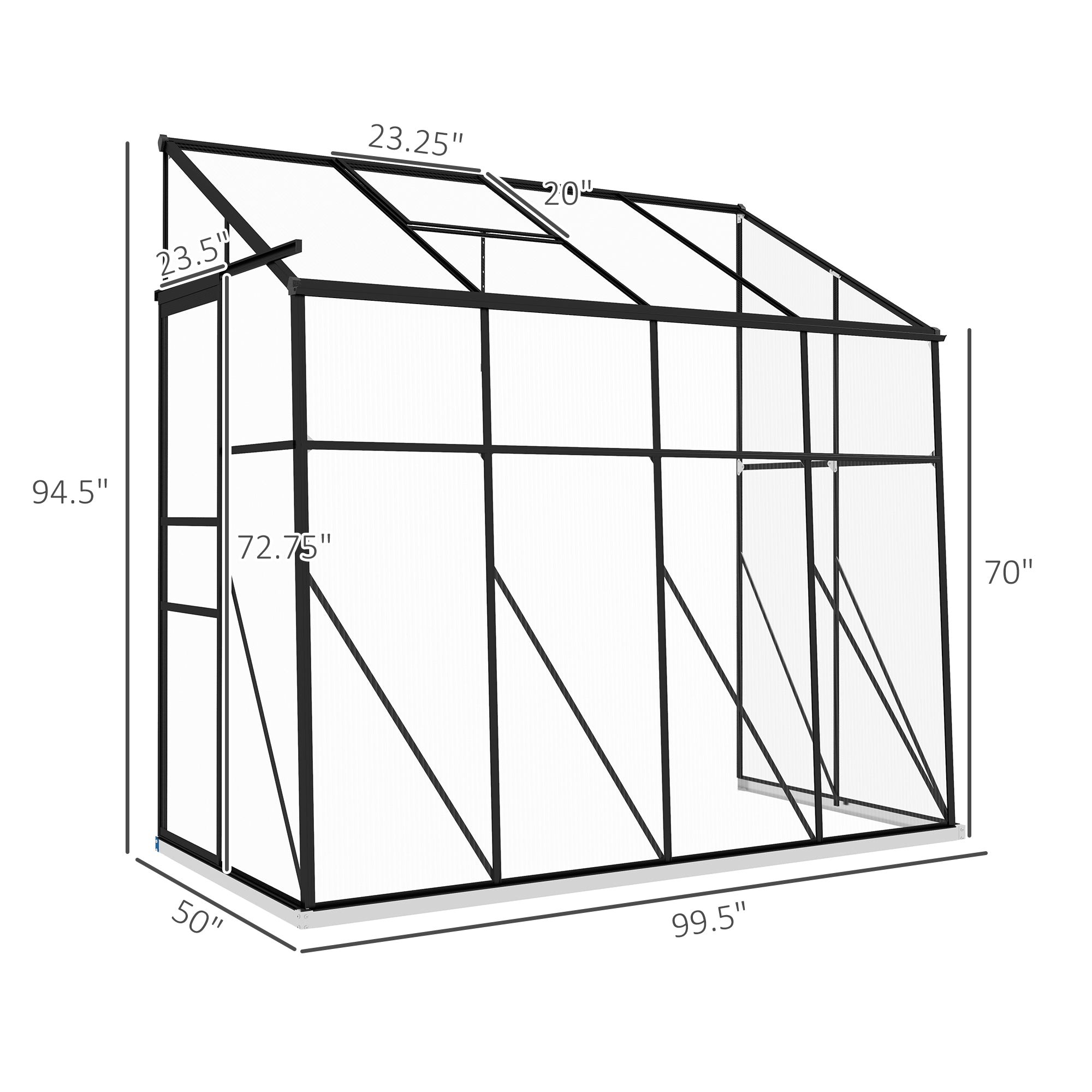 8' x 4' Walk-in Polycarbonate Greenhouse, Lean-to Aluminum Green House with Rain Gutter and Foundation, Black