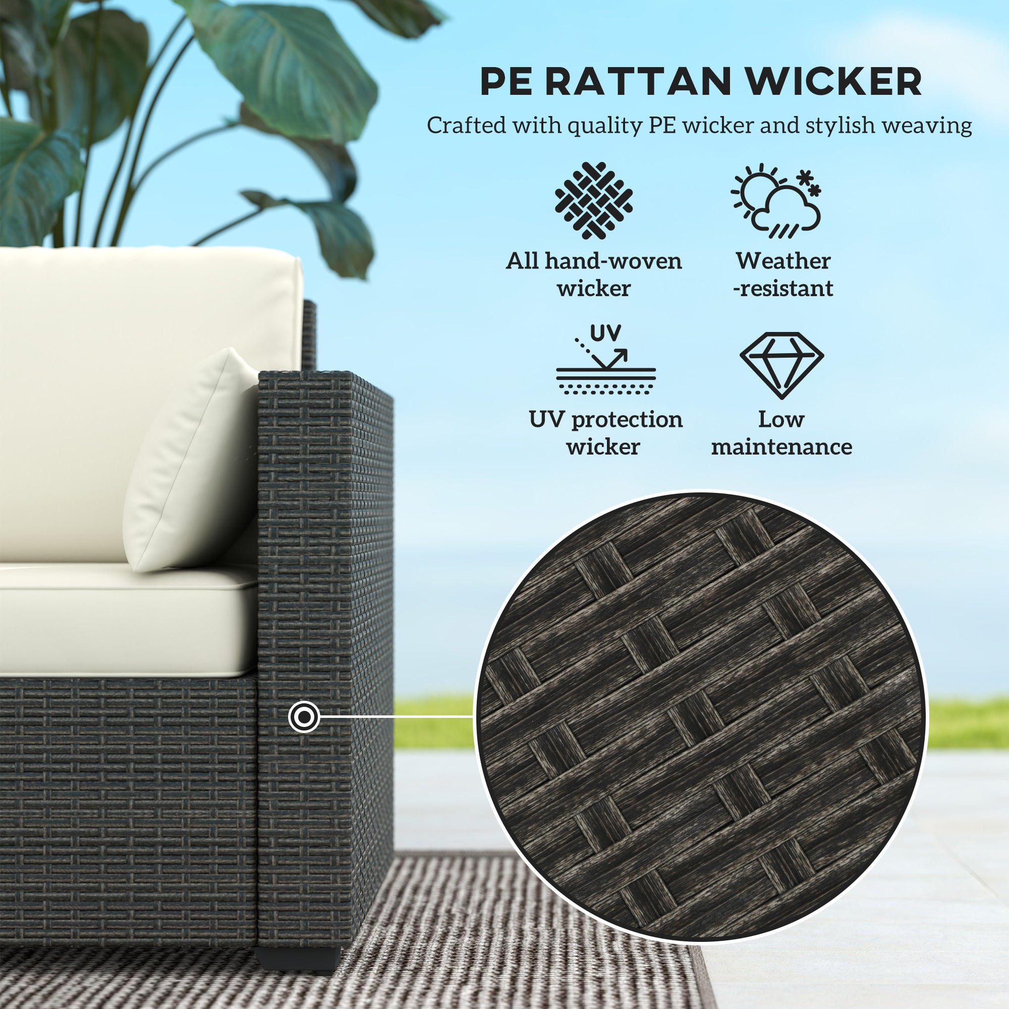 Patio Couch PE Wicker Deep Seating Outdoor Sofa with Removable Cushions, 3 Seater Rattan Sofa, Outdoor Furniture for Balcony, Deck, Garden and Poolside
