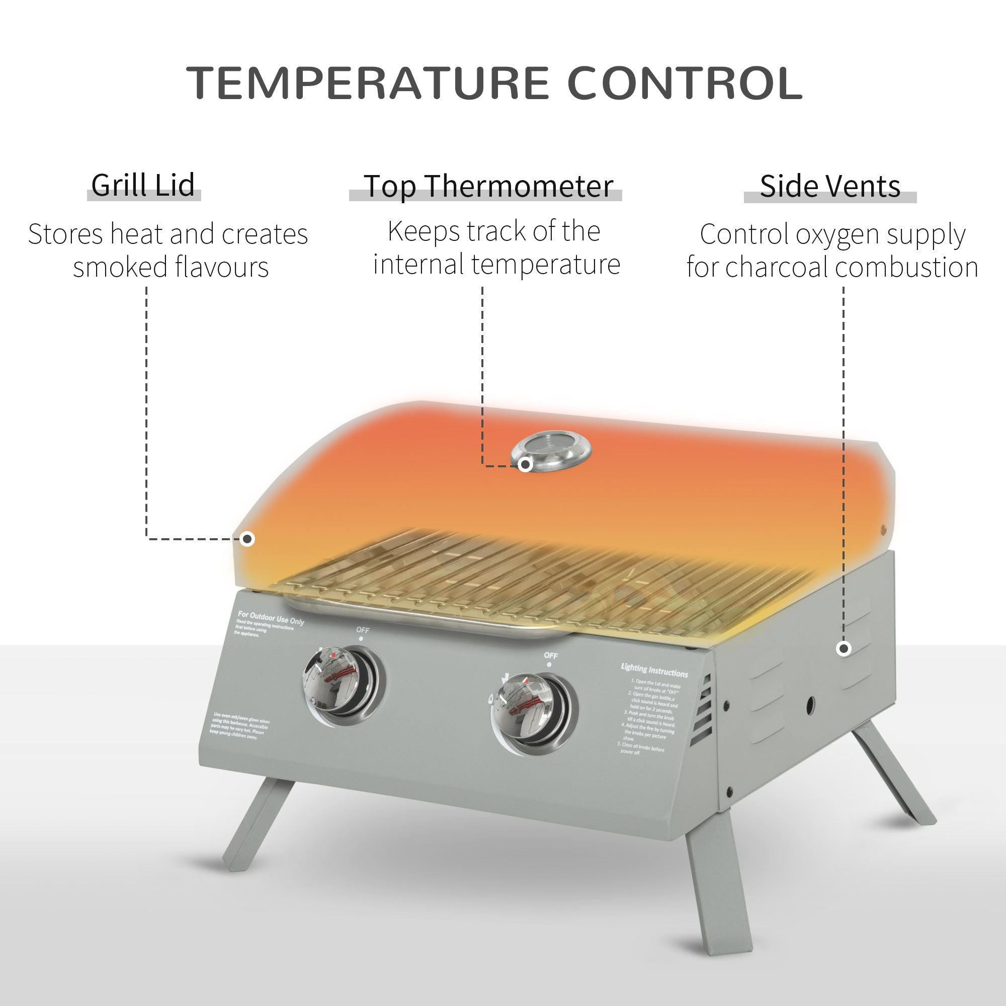 21.75" Charcoal BBQ, Portable Grill with 2 Burners, Heat-Resistant Handle, Folding Legs, Removable Ashtray, Thermometer, Carbon Steel, for Outdoor Cooking, Camping