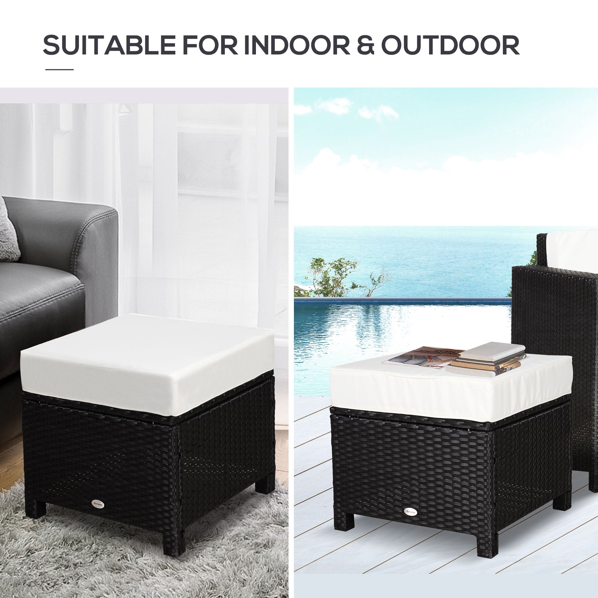 20" Patio Wicker Ottoman, Multipurpose Outdoor PE Rattan Footrest, Additional Seating, Side Table with Soft Cushion, Black, Cream White