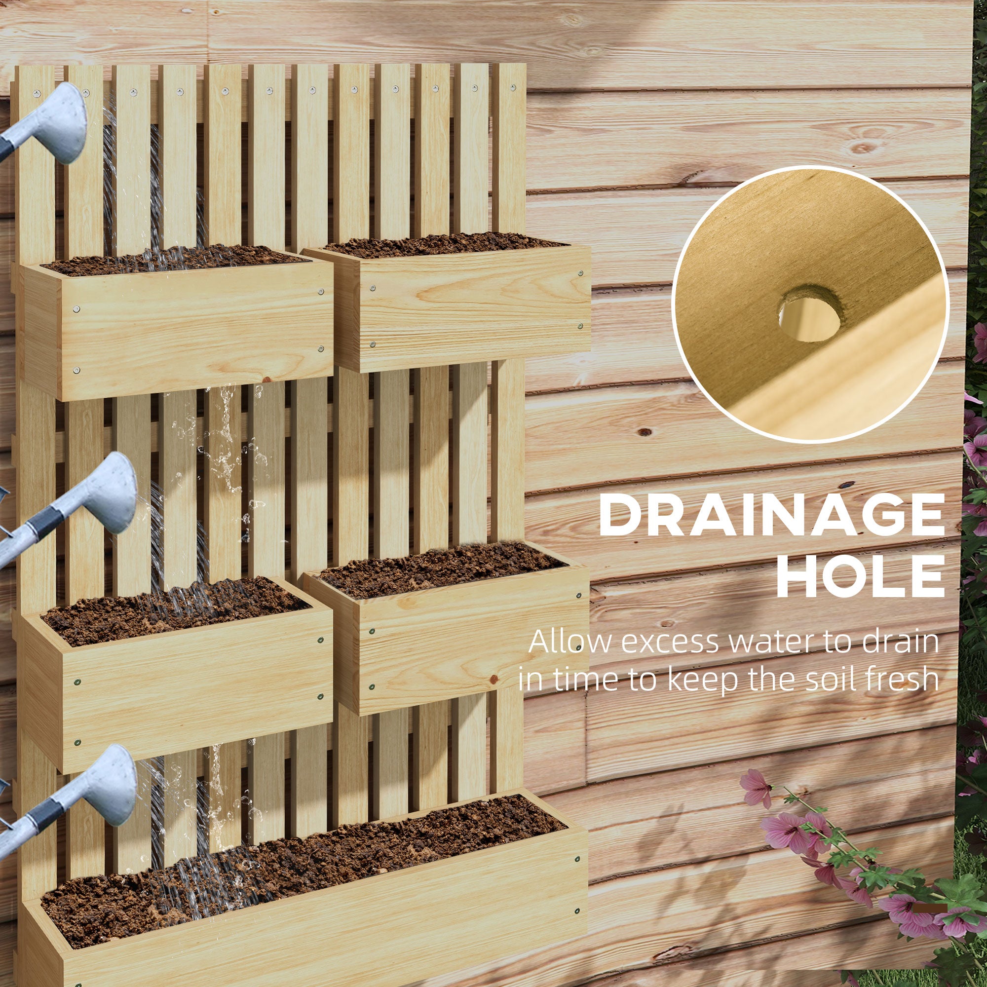 Wall Mounted Planter with Trellis and Drainage Holes for Small Spaces, Raised Garden Bed, Natural