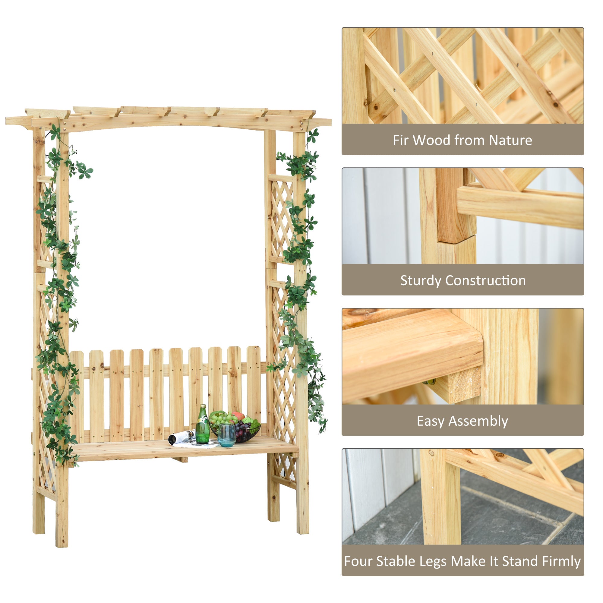 Outdoor Garden Bench Arch Pergola with Natural Fir Wood Build, Protective Varnish, & 2 Person Ergonomic Bench